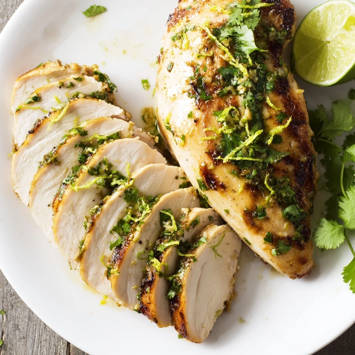 Golden brown Cilantro Lime Chicken slices garnished with extra cilantro leaves