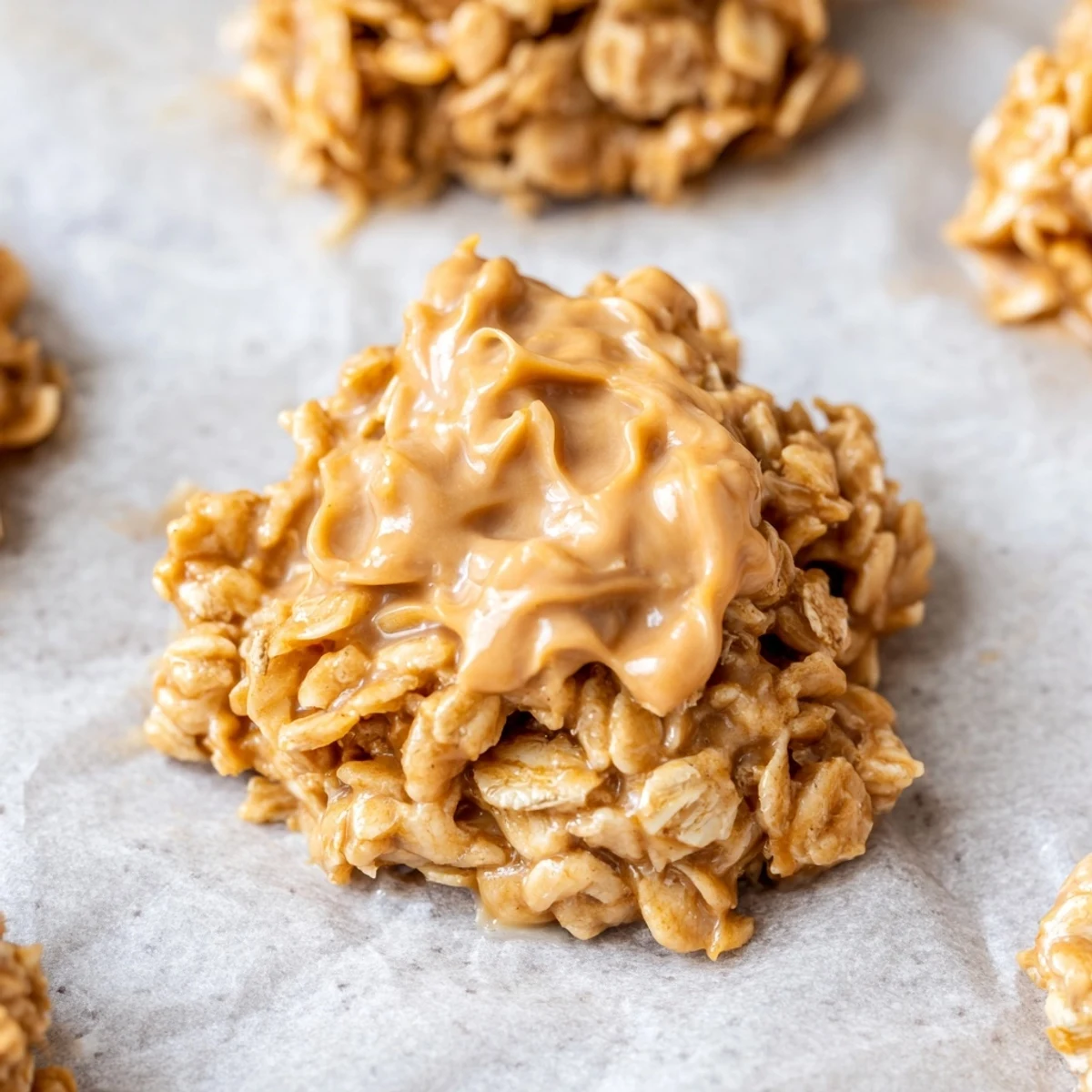 Rich, chewy Peanut Butter No Bake Cookies topped with creamy oats.  