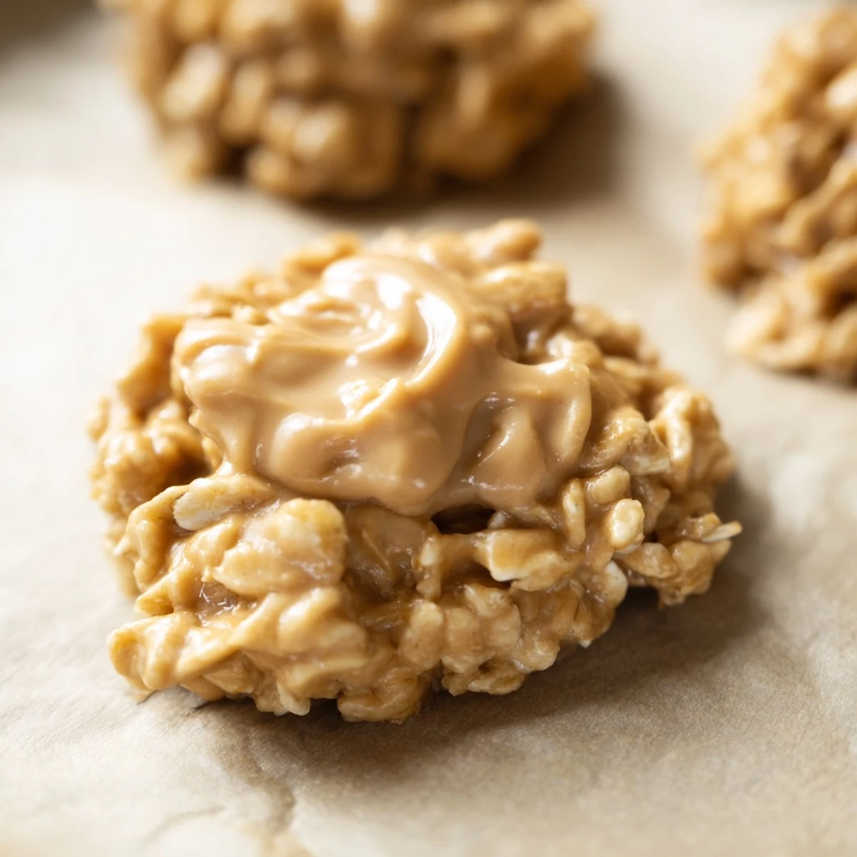 Golden Peanut Butter No Bake Cookies cooling on a parchment-lined baking sheet.  