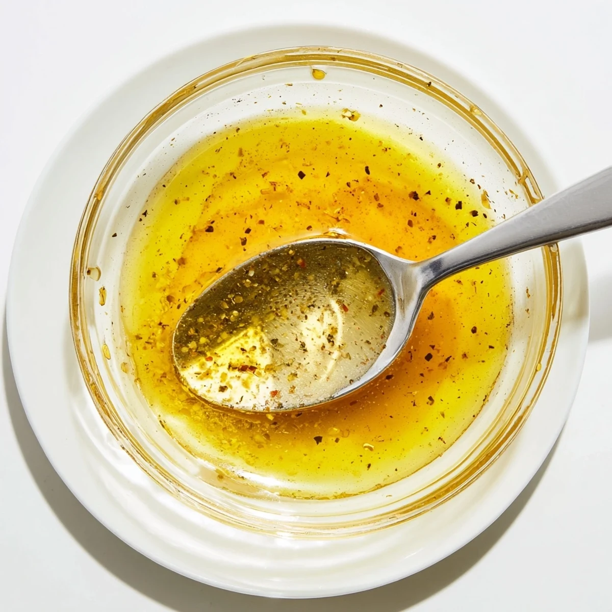 Glass jar of Lemon Vinaigrette Dressing with oil droplets and lemon zest.  