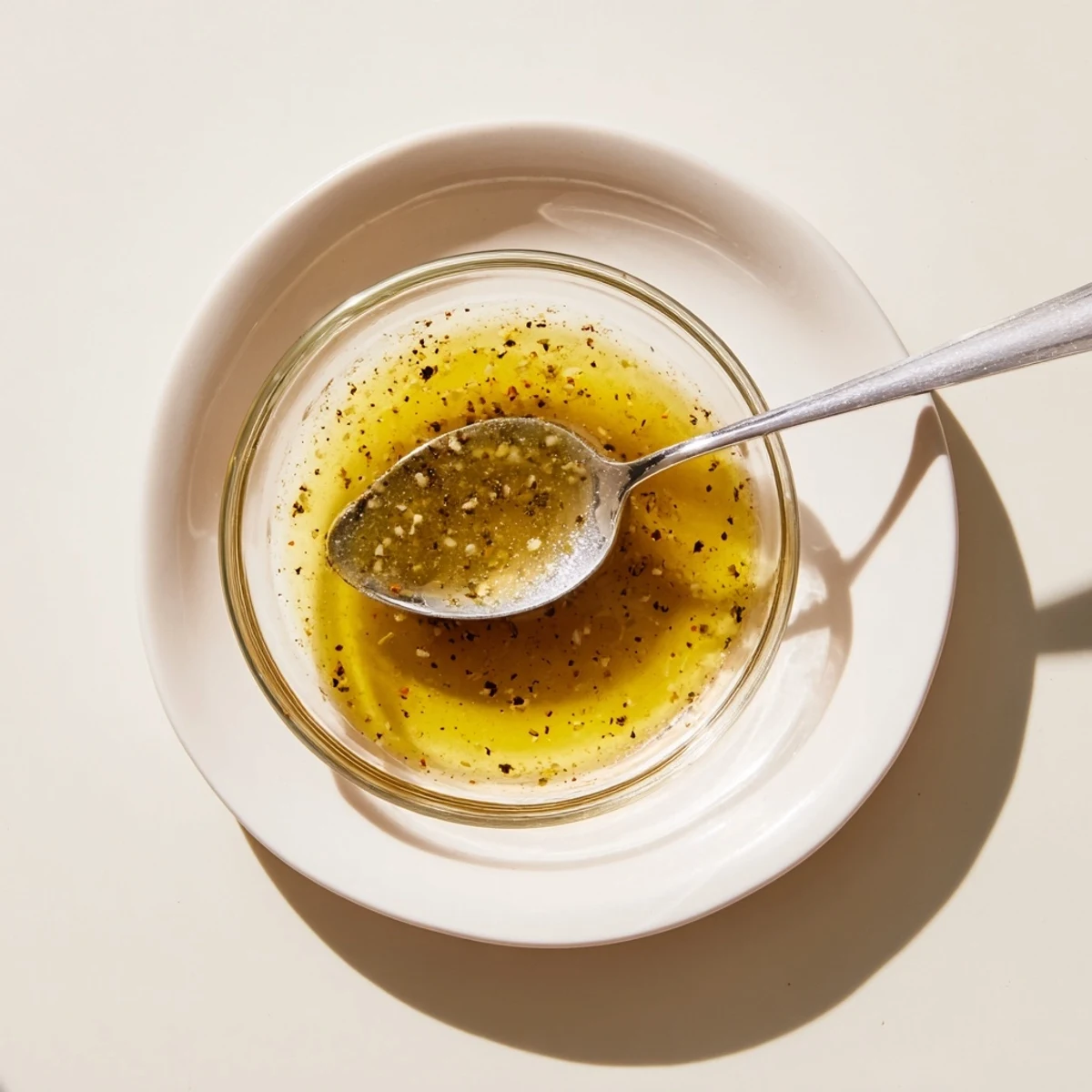 Drizzled Lemon Vinaigrette Dressing over fresh green salad with visible garlic.  