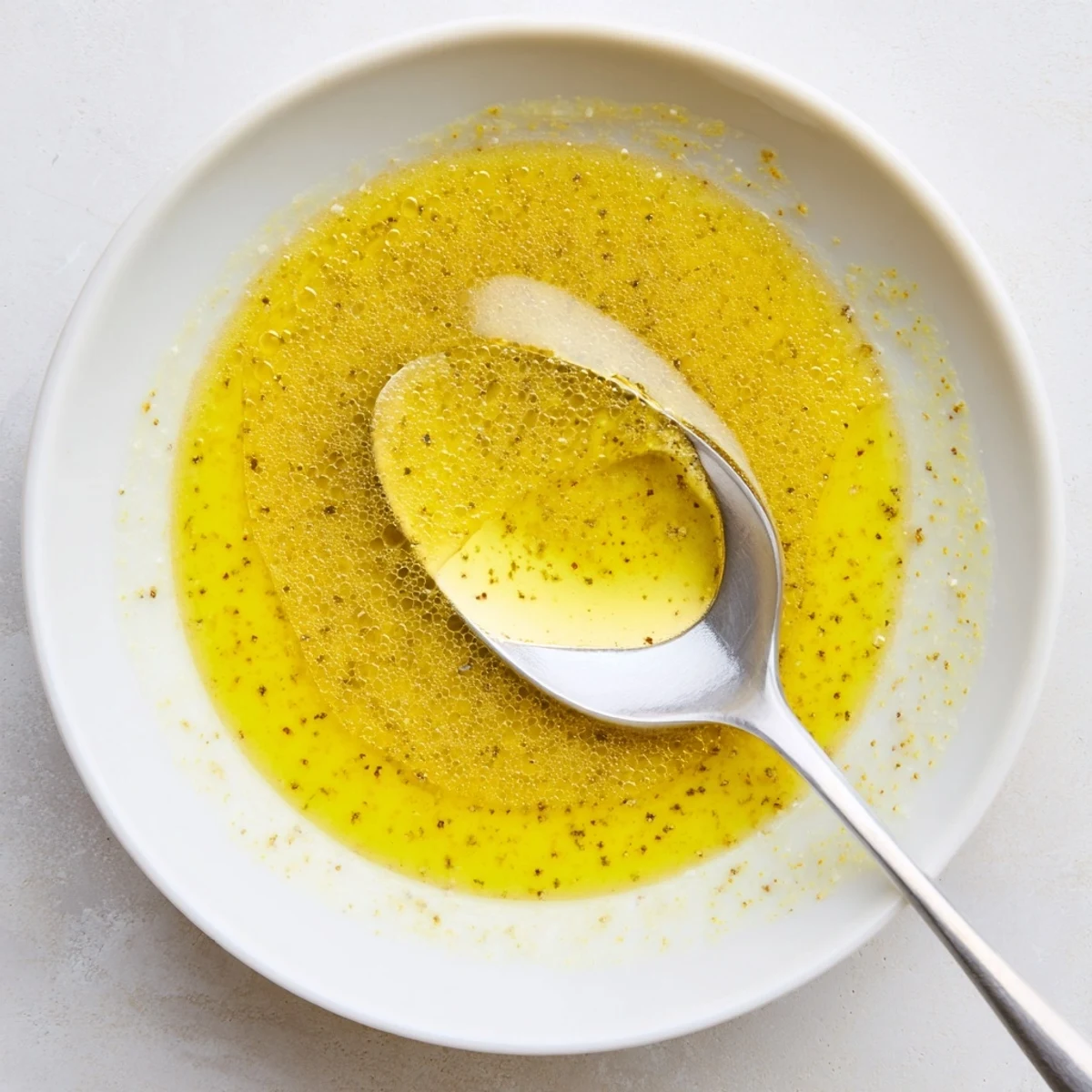 Creamy Lemon Vinaigrette Dressing Recipe whisked in a bowl with herbs.