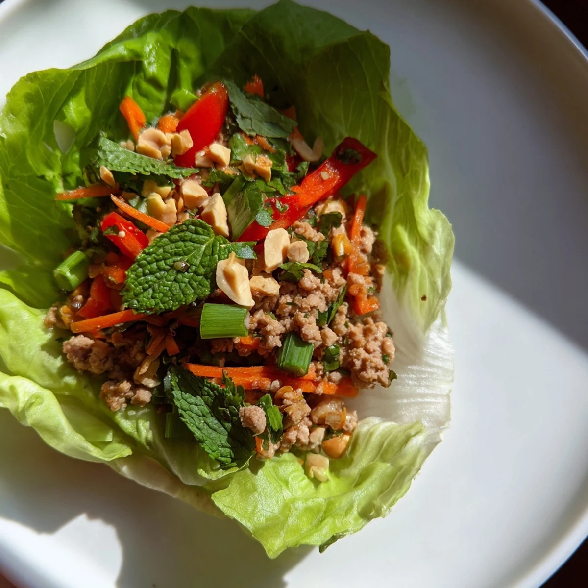 Crisp lettuce cups filled with aromatic Thai Chicken Lettuce Wraps and vibrant vegetables  