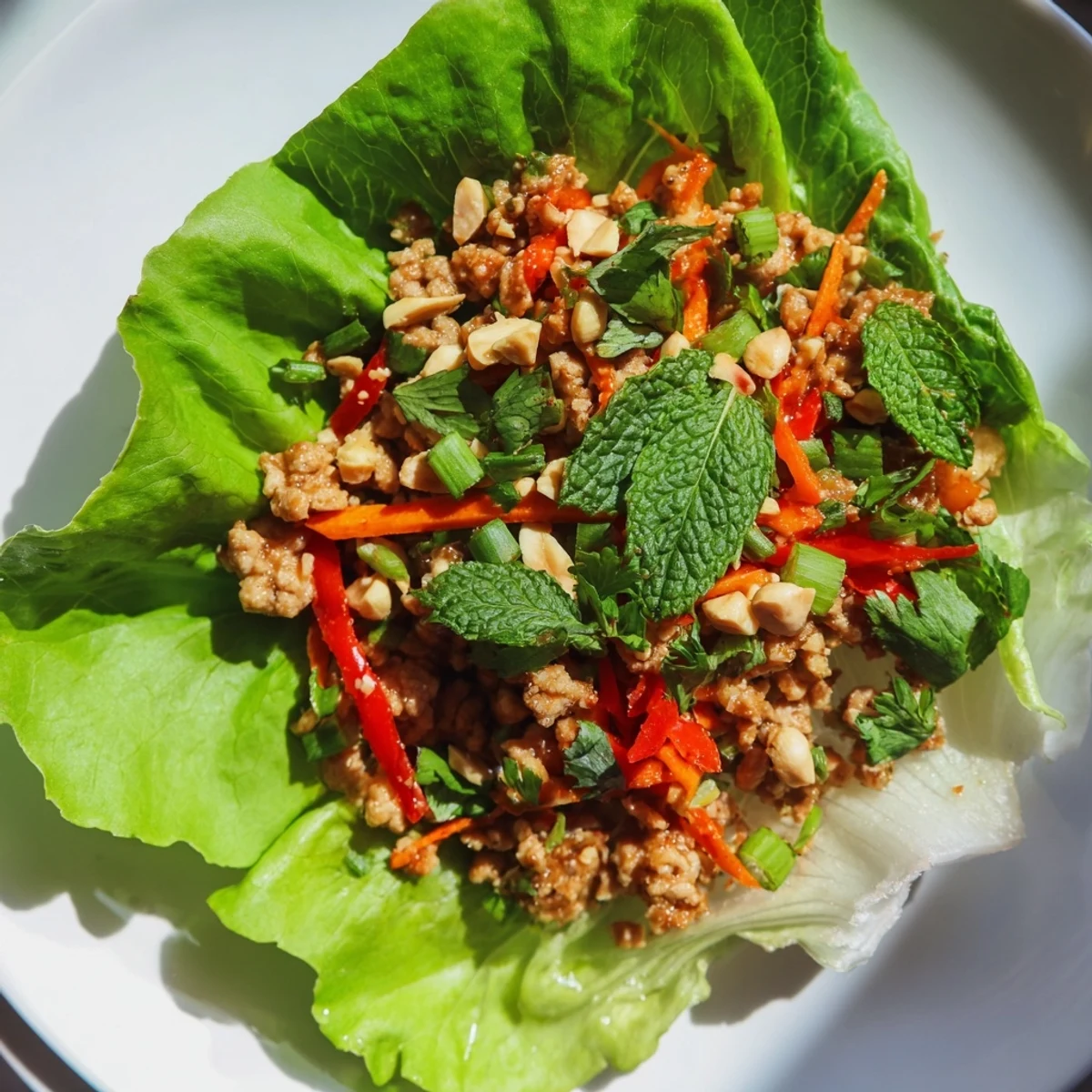 Savory Thai Chicken Lettuce Wraps topped with fresh herbs and crunchy peanuts  