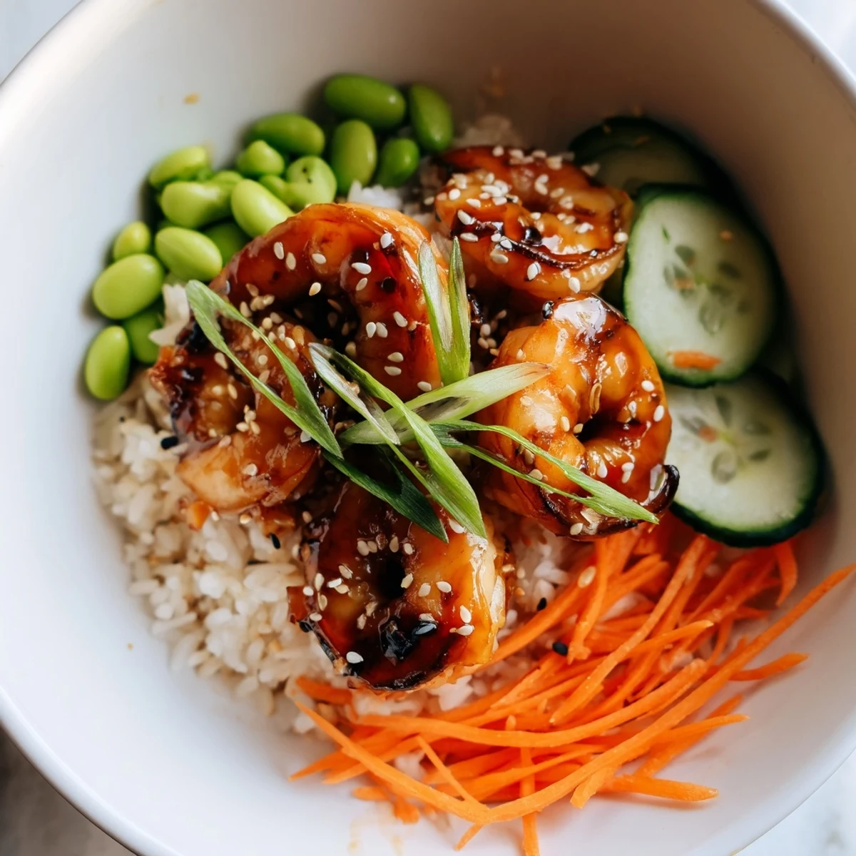 Golden teriyaki shrimp bowls topped with crisp vegetables over fluffy jasmine rice  
