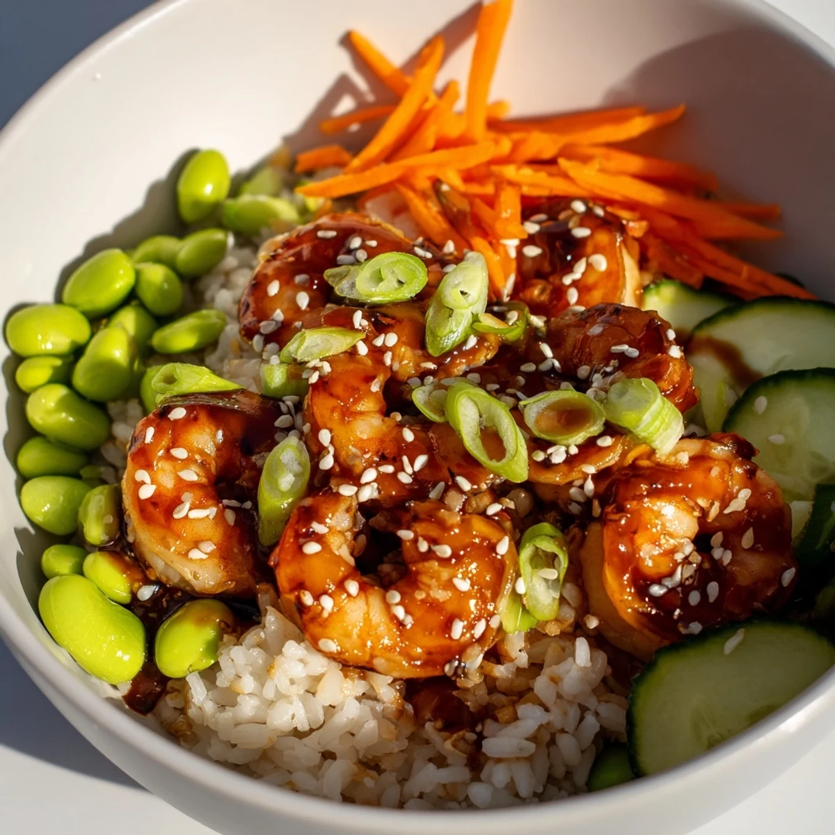 Vibrant teriyaki shrimp rice bowl with glazed seafood and fresh colorful garnishes  