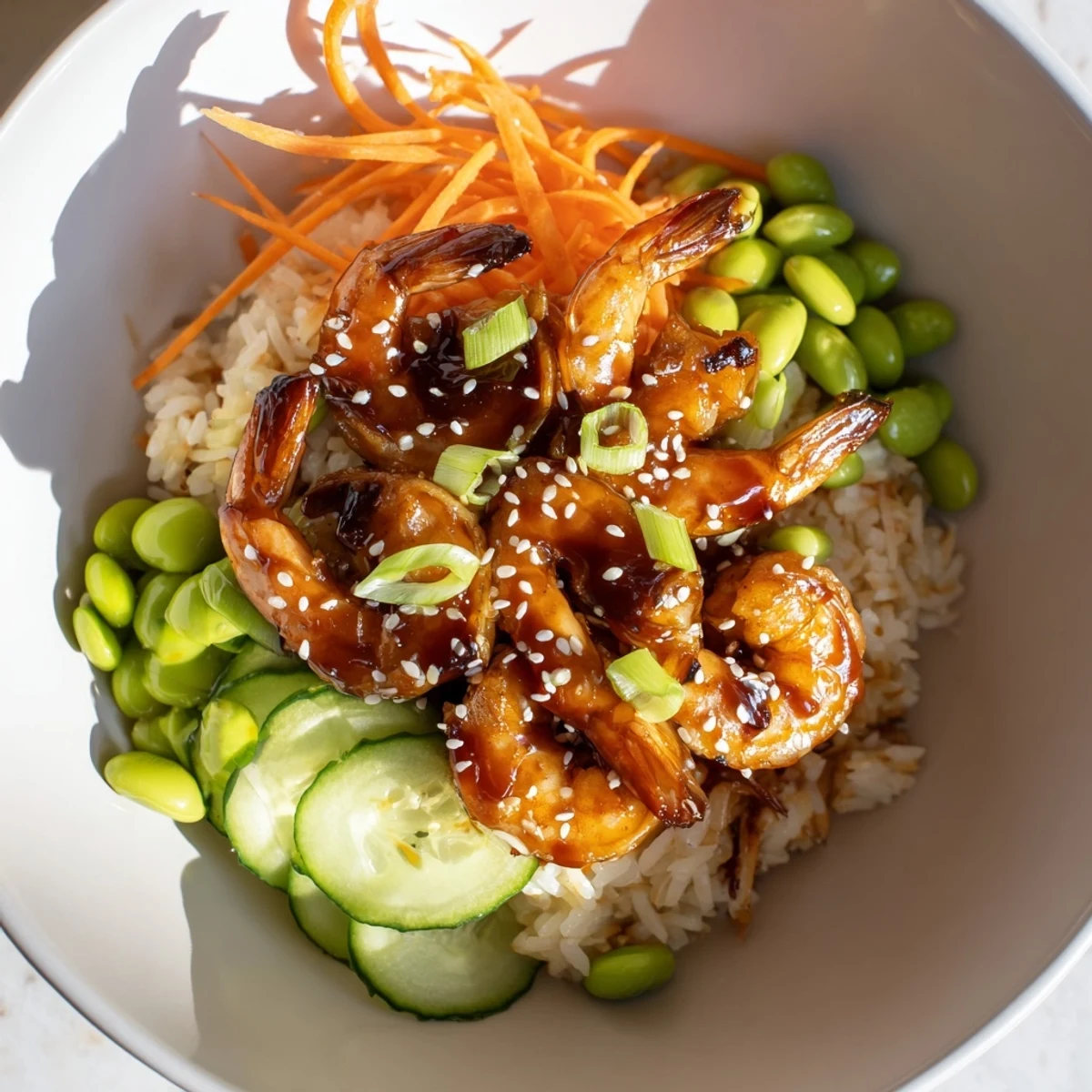 Succulent teriyaki shrimp served over steamed rice with crunchy vegetables and sesame seeds