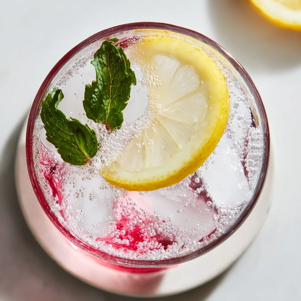 Effervescent honey lemon pink soda with ice cubes and citrus twist topping  