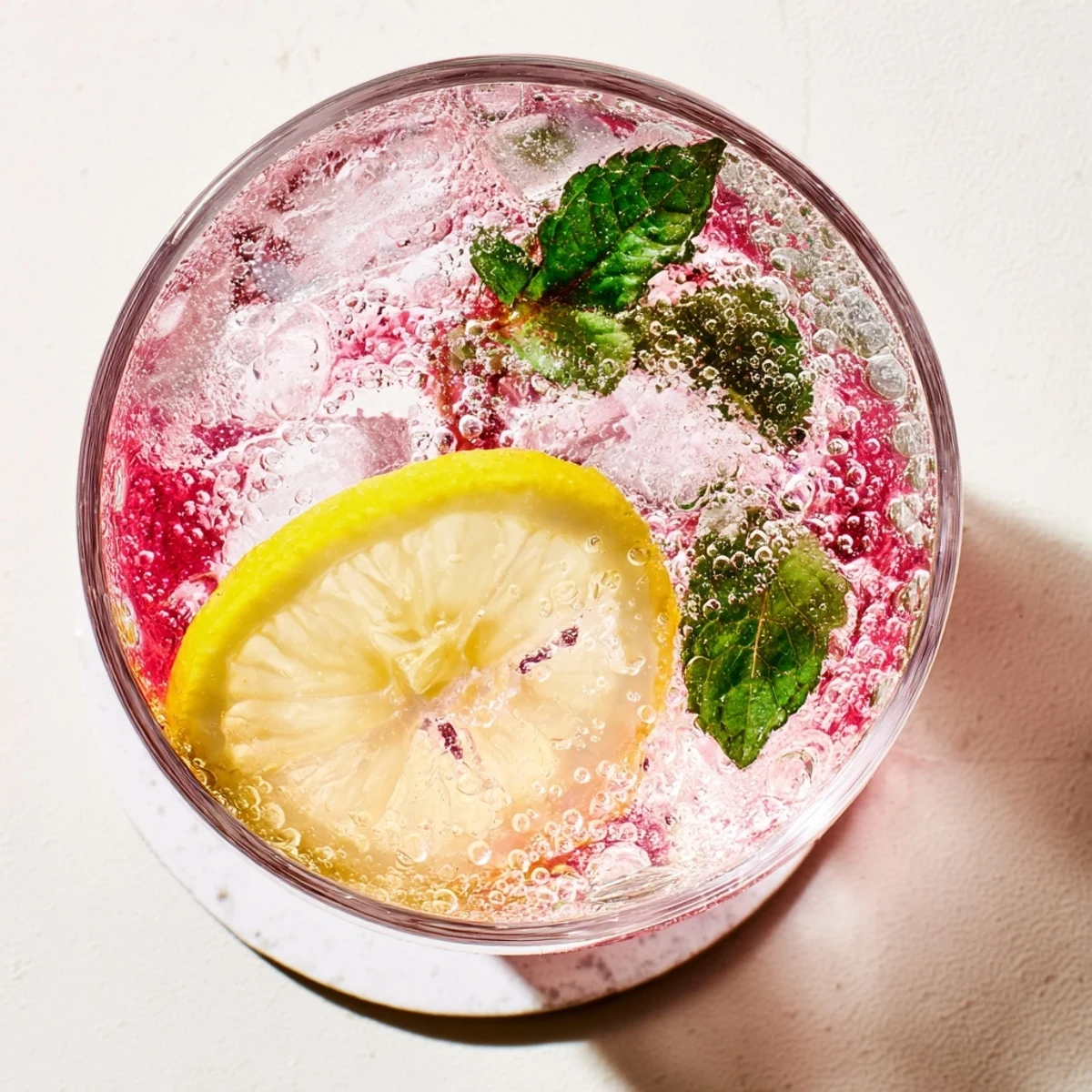 Vibrant honey lemon pink soda garnished with fresh mint and lemon slices  