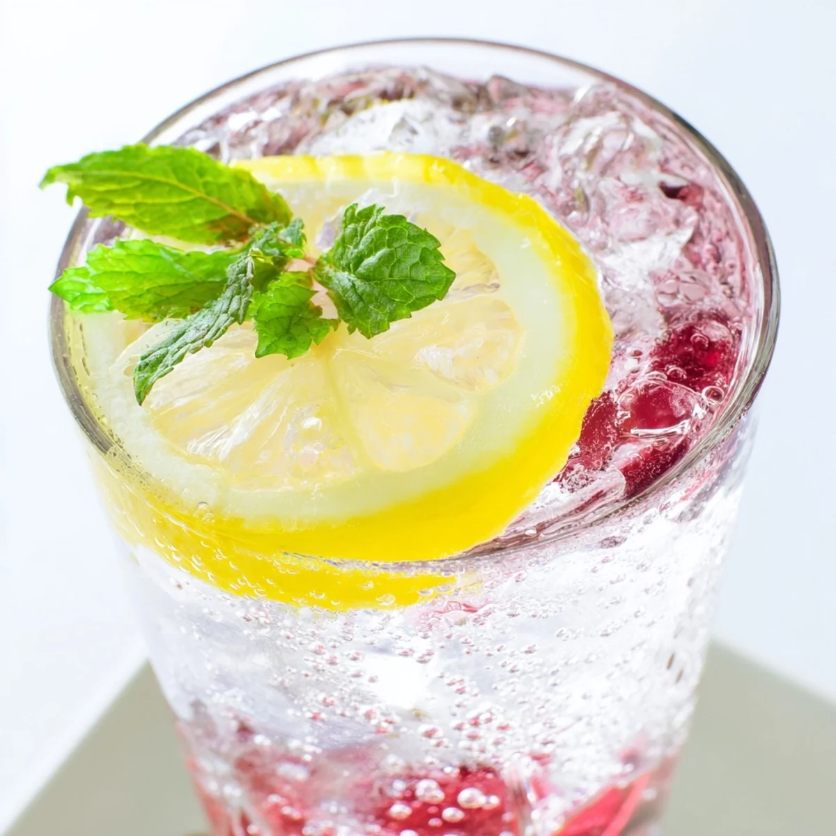 Refreshing honey lemon pink soda fizzing in a glass with mint sprig