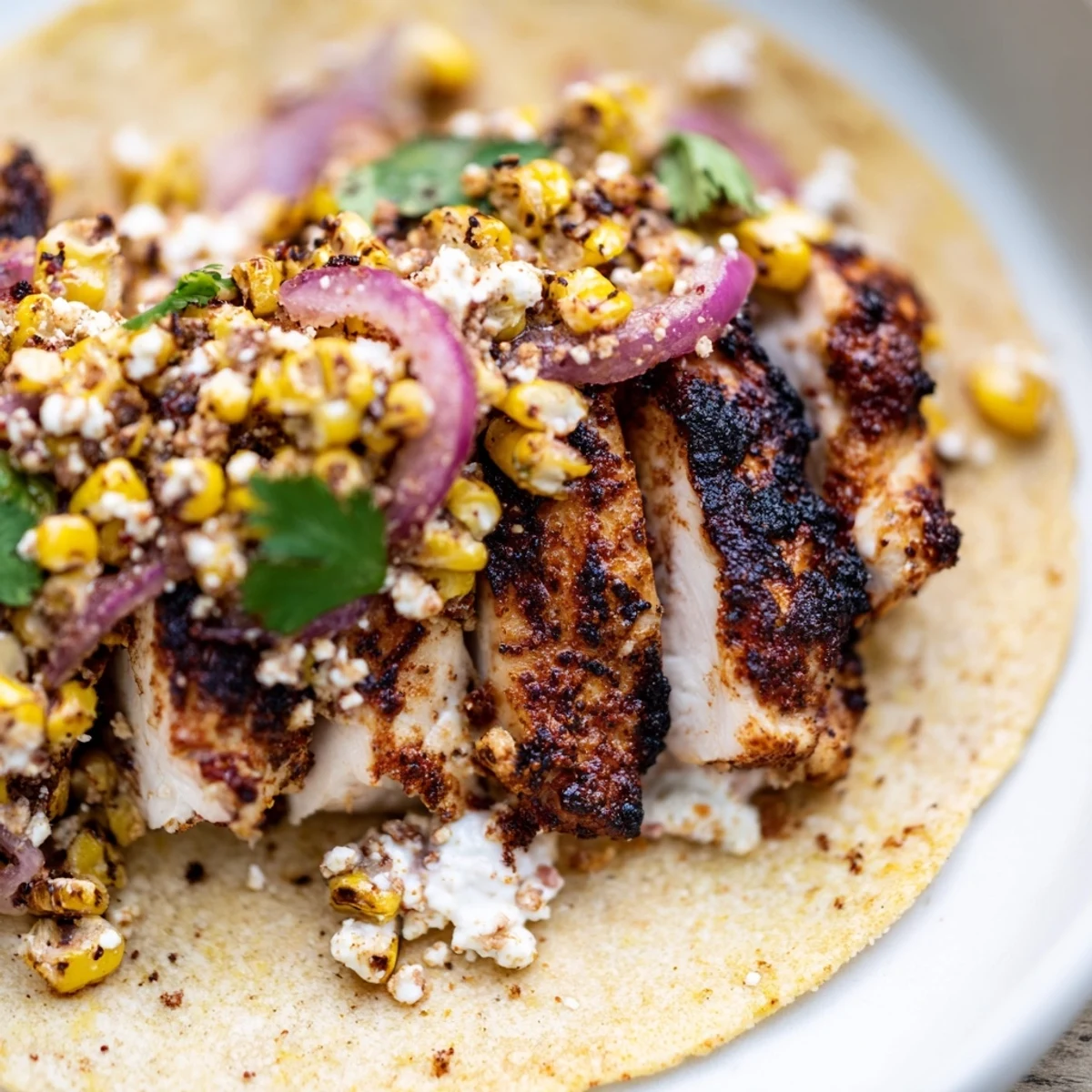 Crazy Good Street Corn Chicken Tacos topped with creamy corn and juicy grilled chicken.