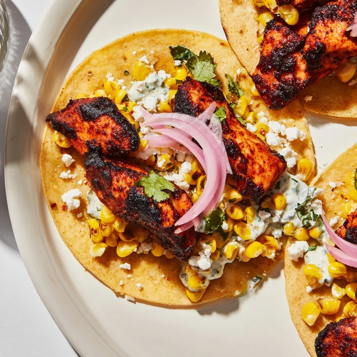 Heaping plate of Street Corn Chicken Tacos garnished with fresh cilantro and crumbly cheese.