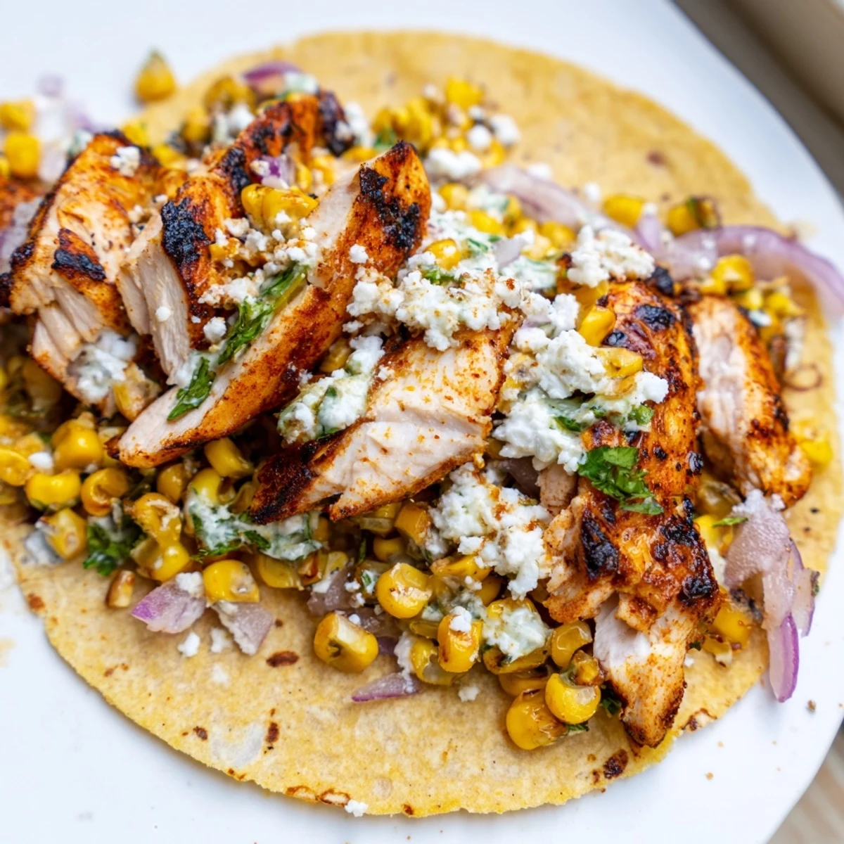 Golden Street Corn Chicken Tacos served on warm tortillas with zesty lime wedges.