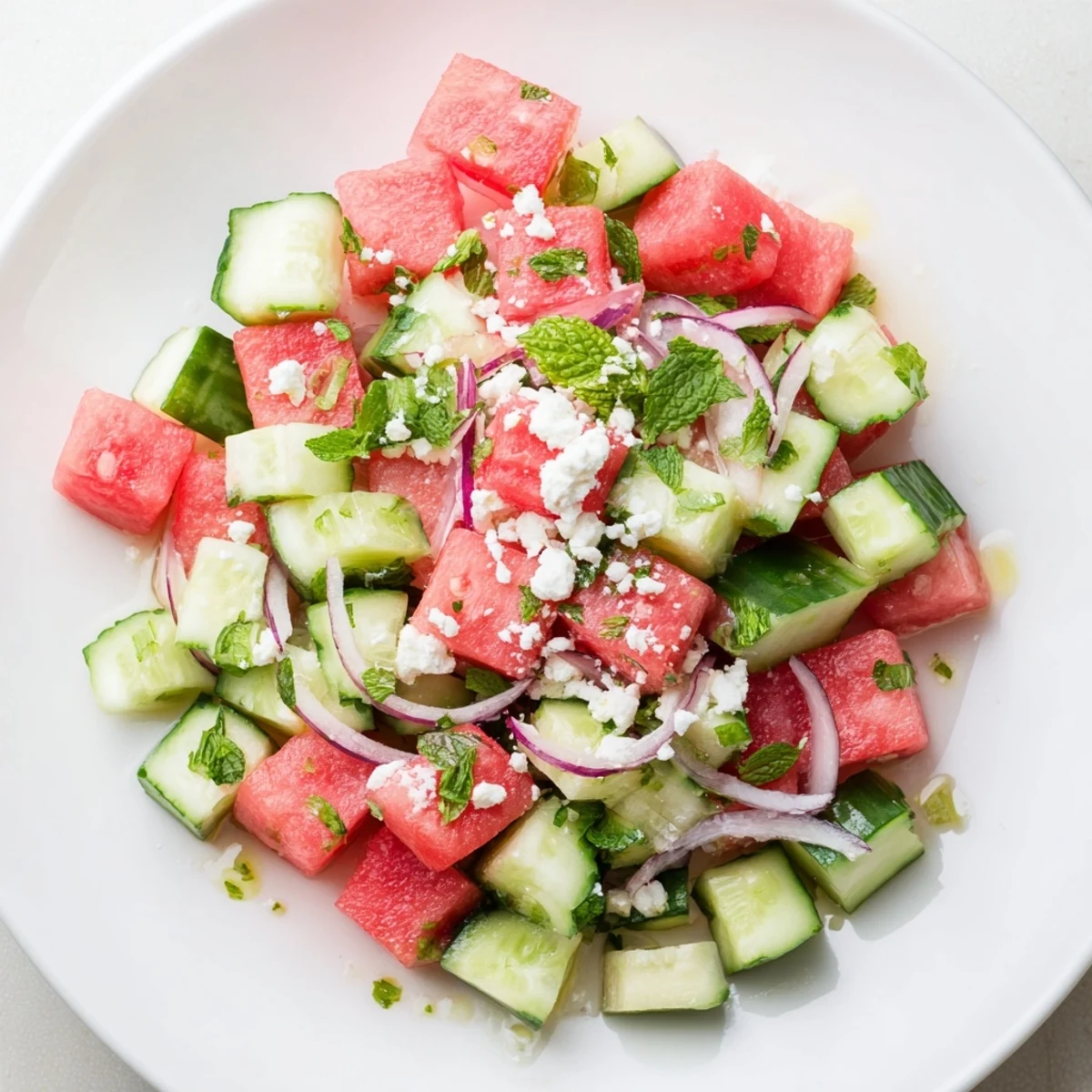 Vibrant bowl of crisp watermelon cucumber salad topped with crumbled feta cheese  