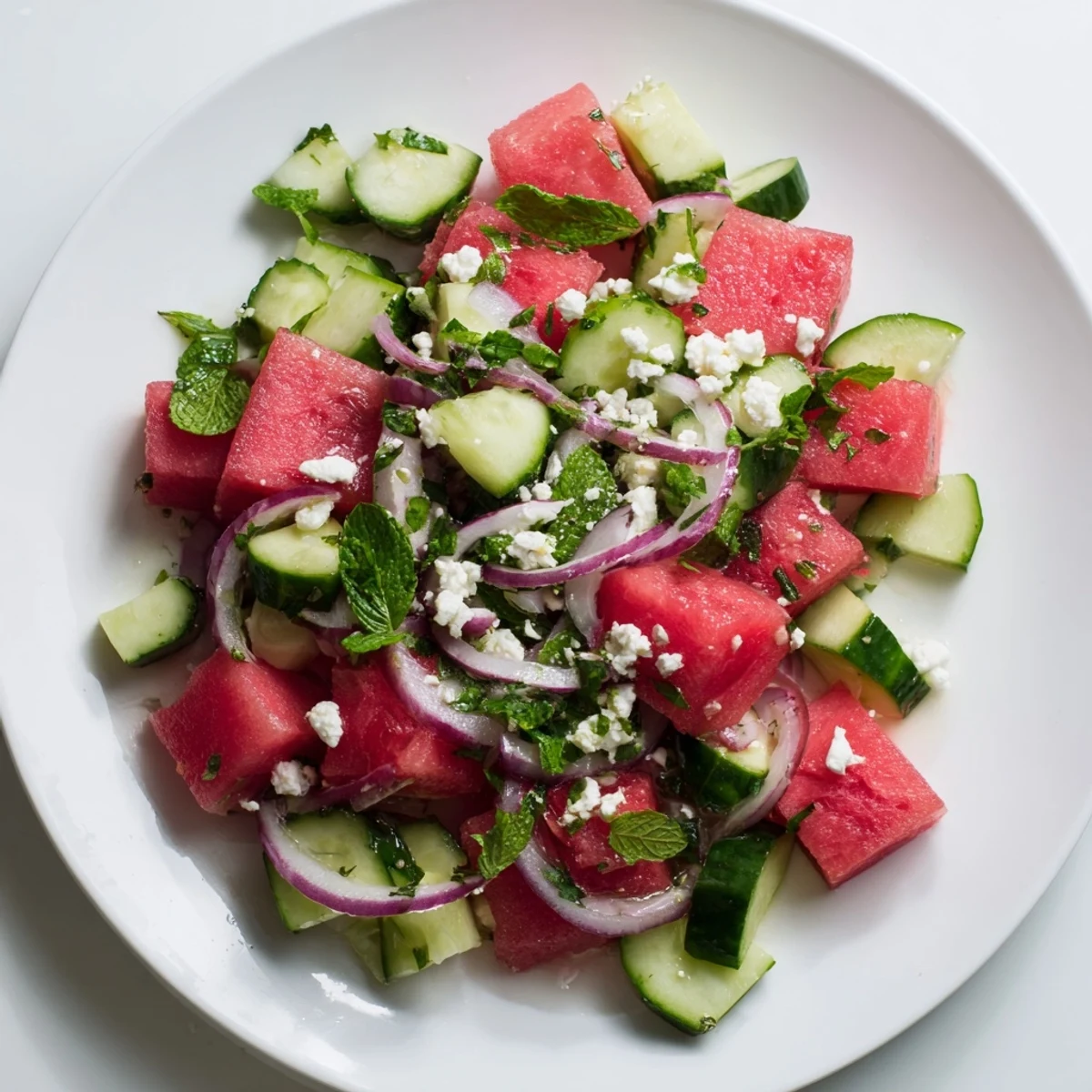Fresh watermelon cucumber salad with mint and lime dressing in a bowl  