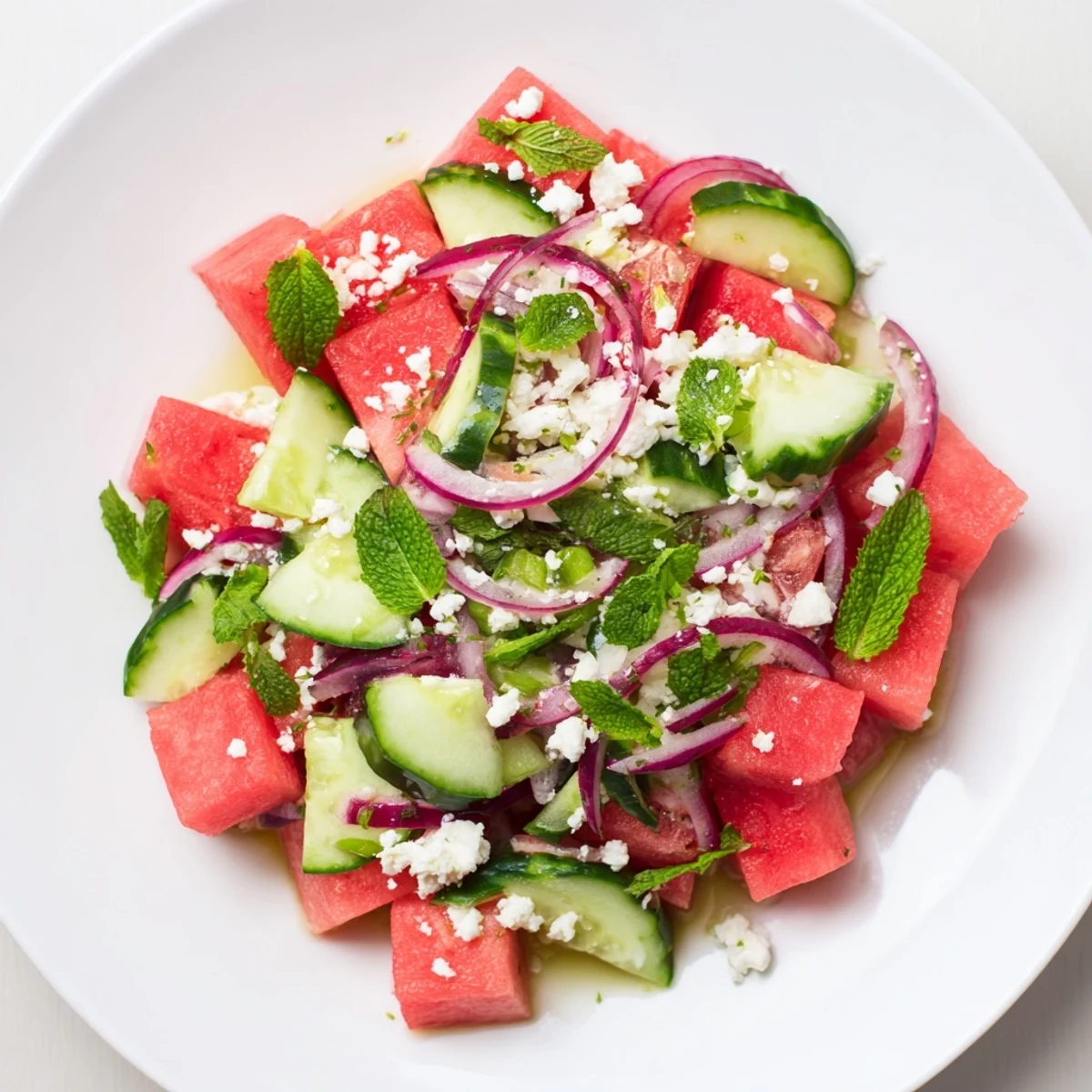 Refreshing watermelon cucumber salad tossed with tangy lime and fresh mint leaves
