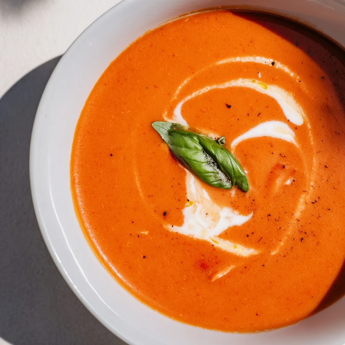 Velvety homemade creamy roasted tomato basil soup garnished with fresh basil.  