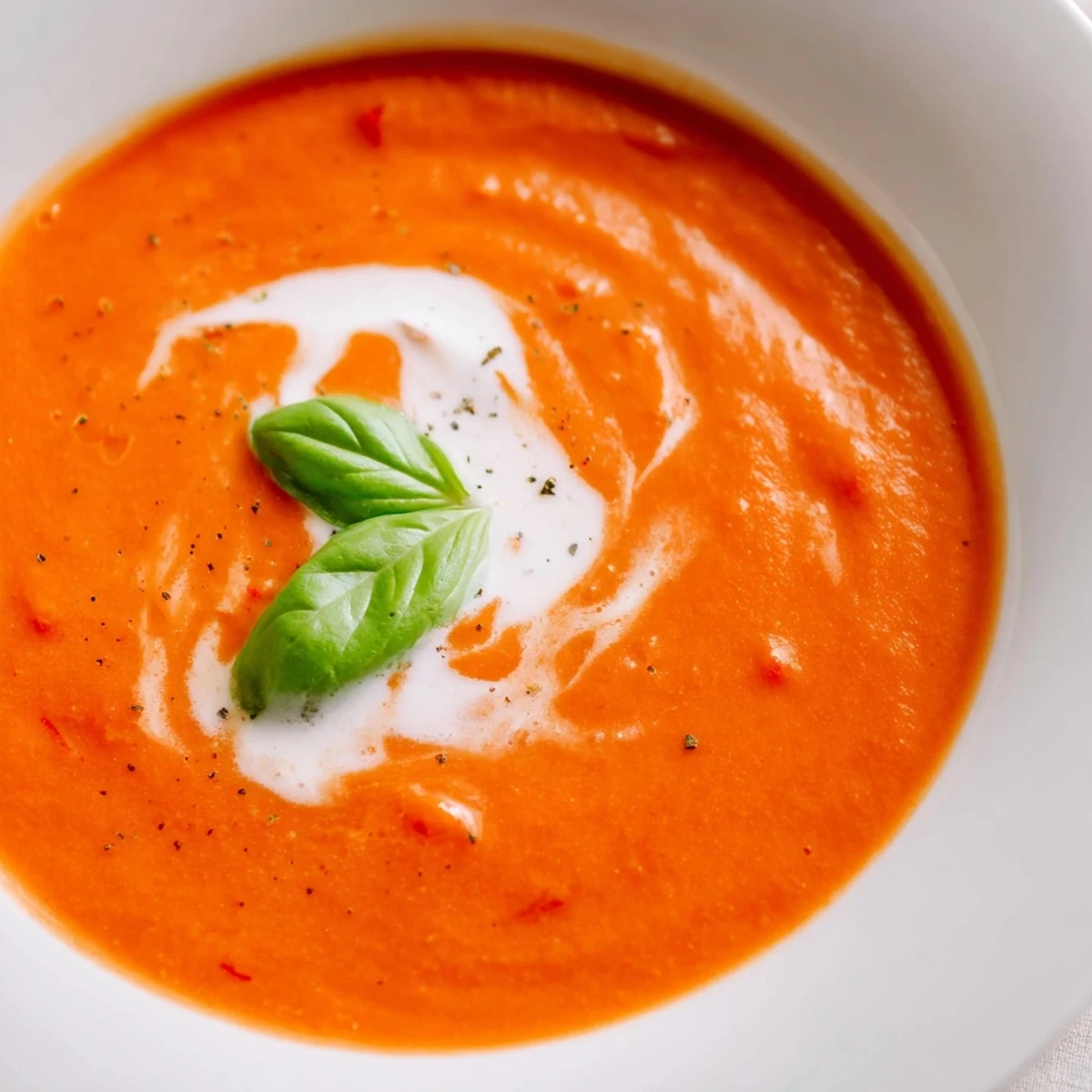 Bowl of rich roasted tomato basil soup recipe served with crusty bread.  