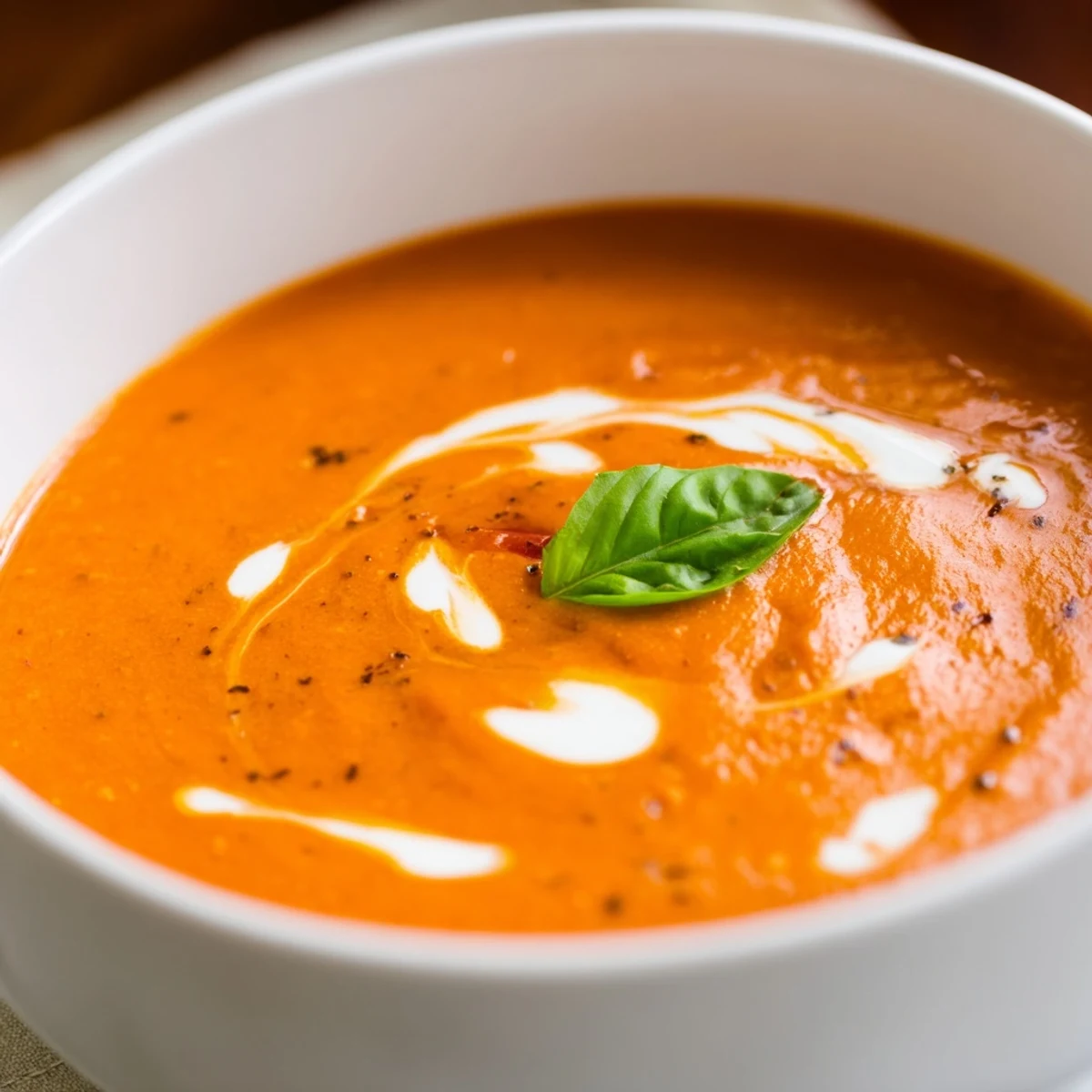 Steaming homemade roasted tomato basil soup recipe topped with fresh green basil.