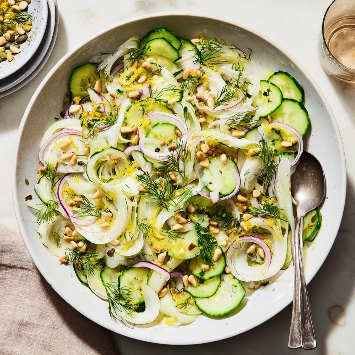 Bowl of crisp fennel cucumber salad topped with fresh dill and citrus dressing  