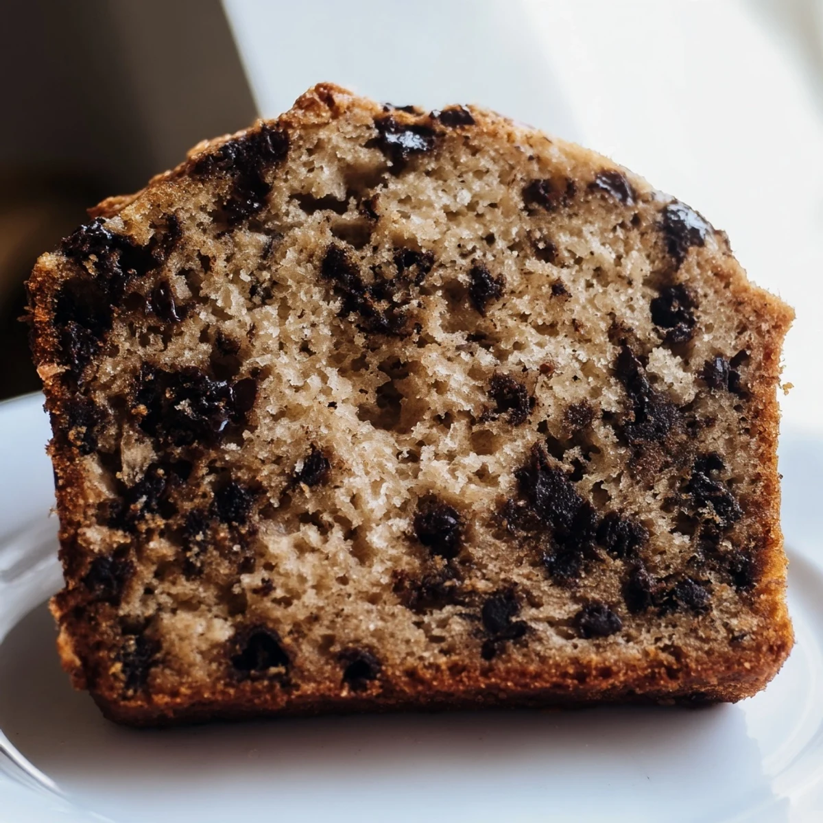 Golden one bowl banana bread with chocolate chips ready to slice  