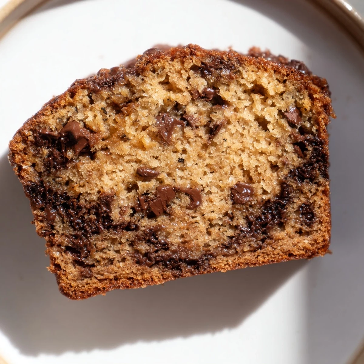Thick slice of one bowl banana bread with melted chocolate chips inside