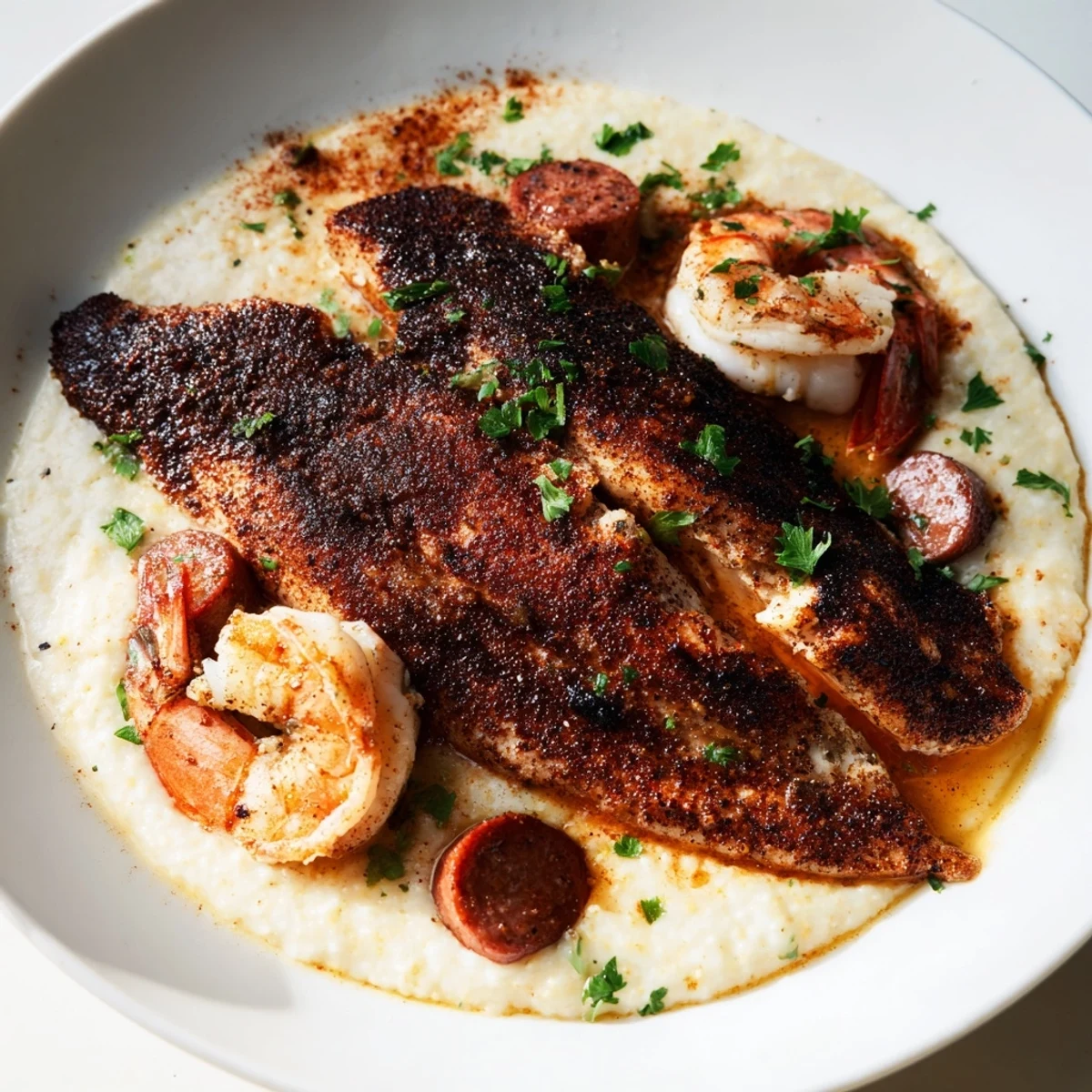 Succulent shrimp and savory sausage top blackened Cajun catfish over rich grits.