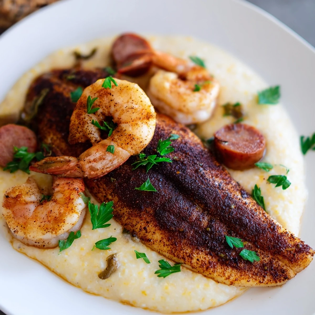 Crispy blackened Cajun catfish served over creamy cheese grits with shrimp.