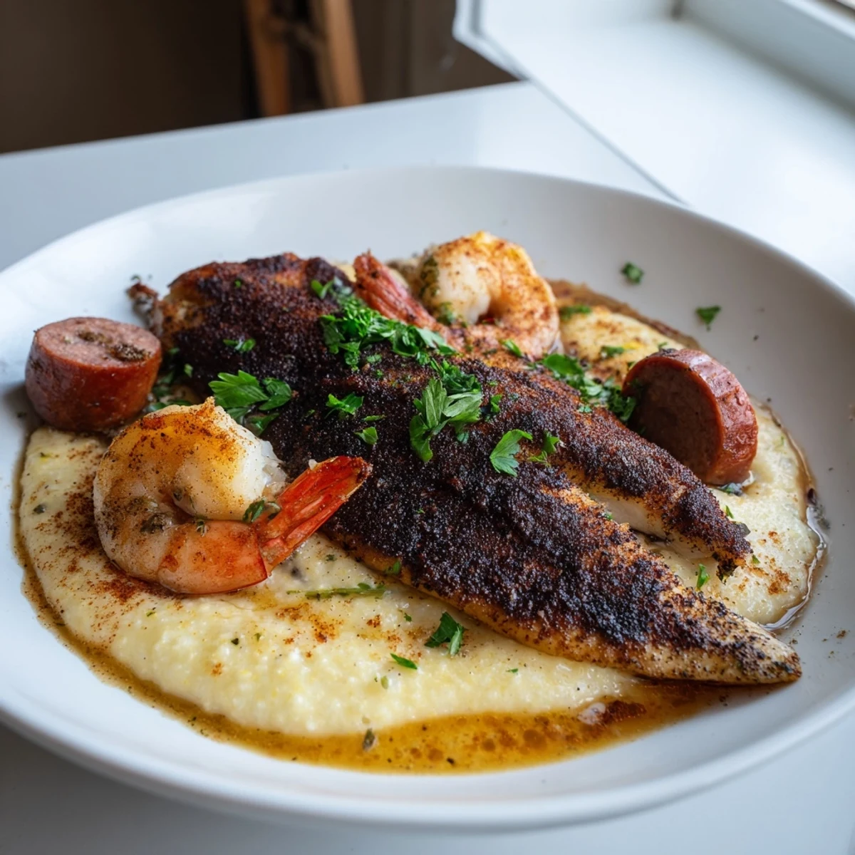 A hearty plate of blackened Cajun catfish, shrimp, and andouille sausage on grits.