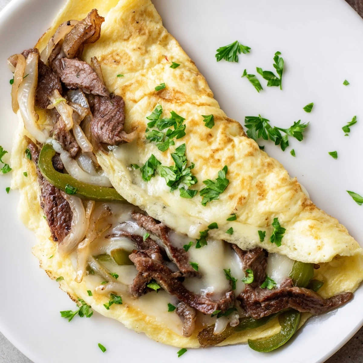 Golden Philly Cheesesteak Omelette filled with melted provolone and sautéed peppers  