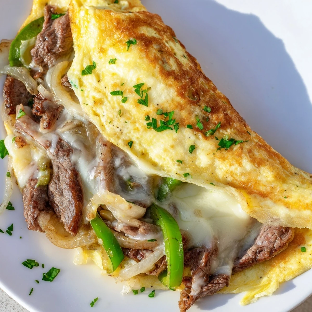 Fluffy omelette packed with savory steak, onions, and gooey provolone cheese  
