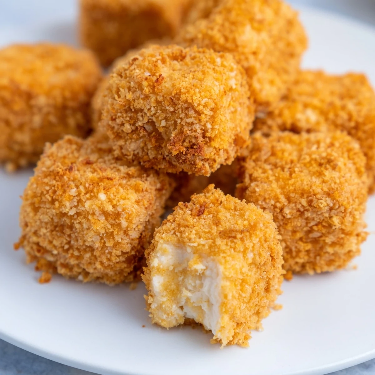 Golden crispy tofu fried chicken served with creamy dipping sauce on a plate  