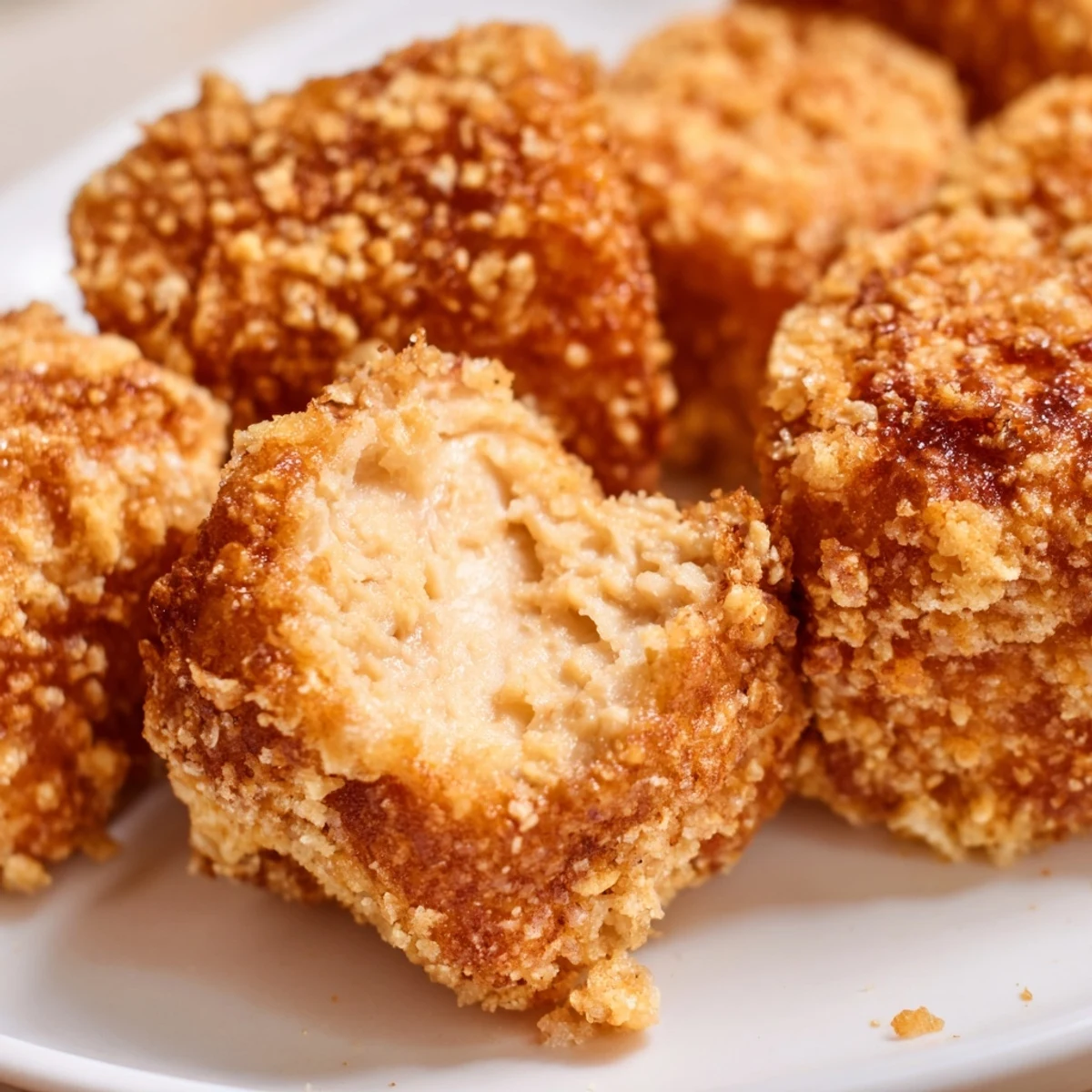 Close-up of extra crunchy tofu fried chicken nuggets garnished with fresh parsley