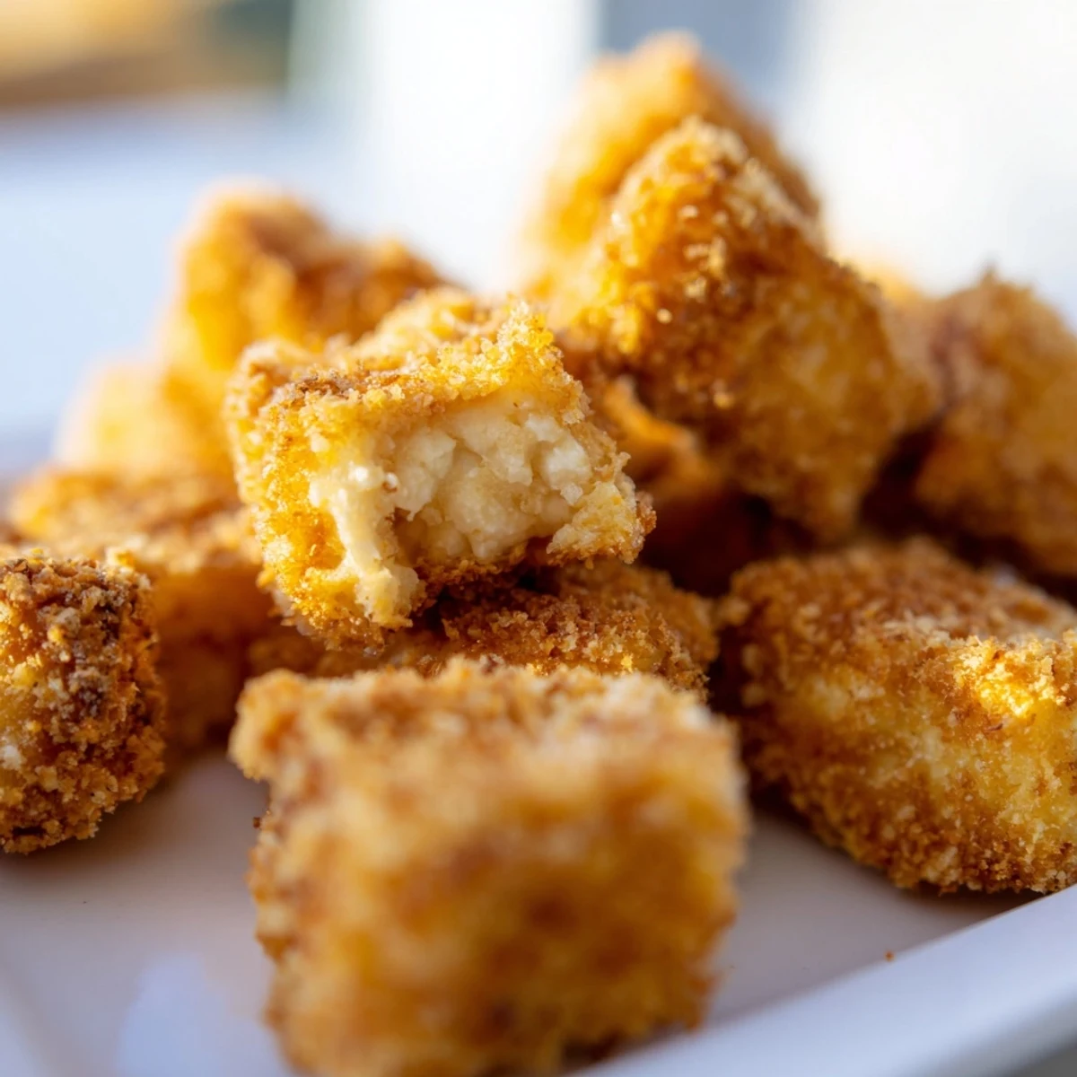 Vegan tofu fried chicken pieces displayed with a side of tangy spicy mayo  