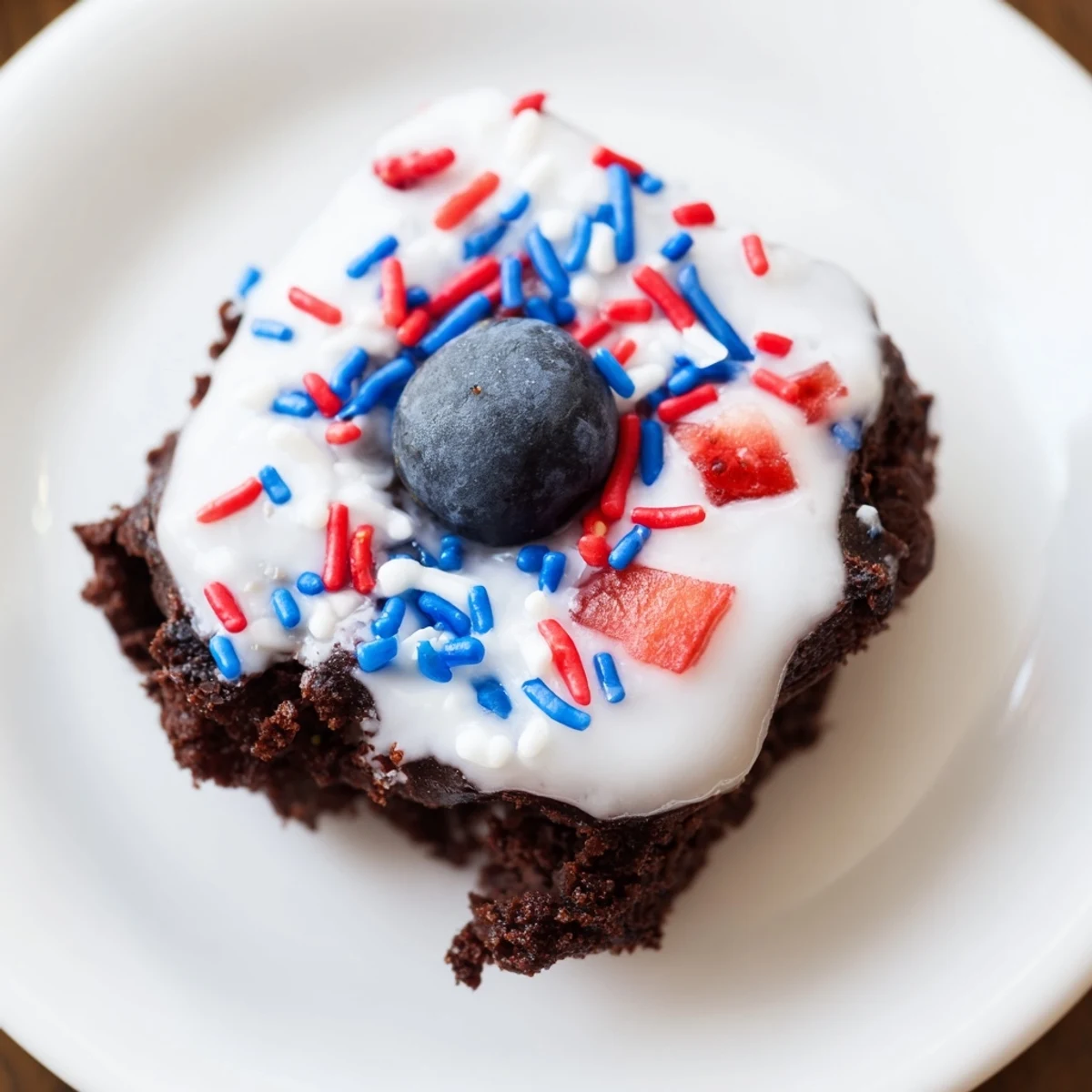 Delicious July Brownie Bites drizzled with sweet vanilla glaze and fresh berries for Independence Day celebrations.