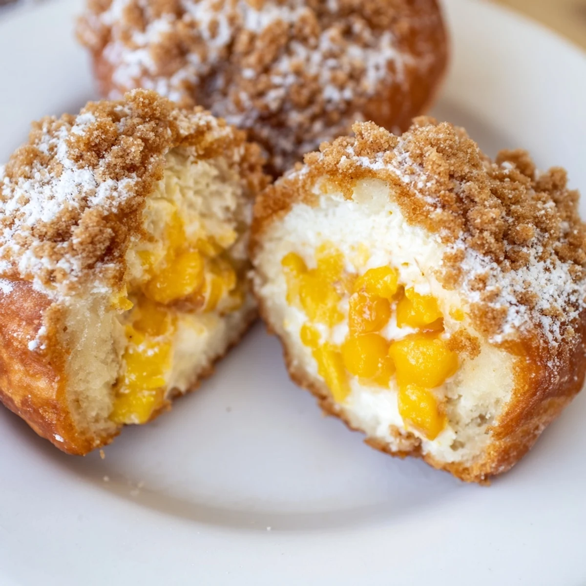 Golden peach cobbler cheesecake donuts topped with crunchy cinnamon crumbs.  