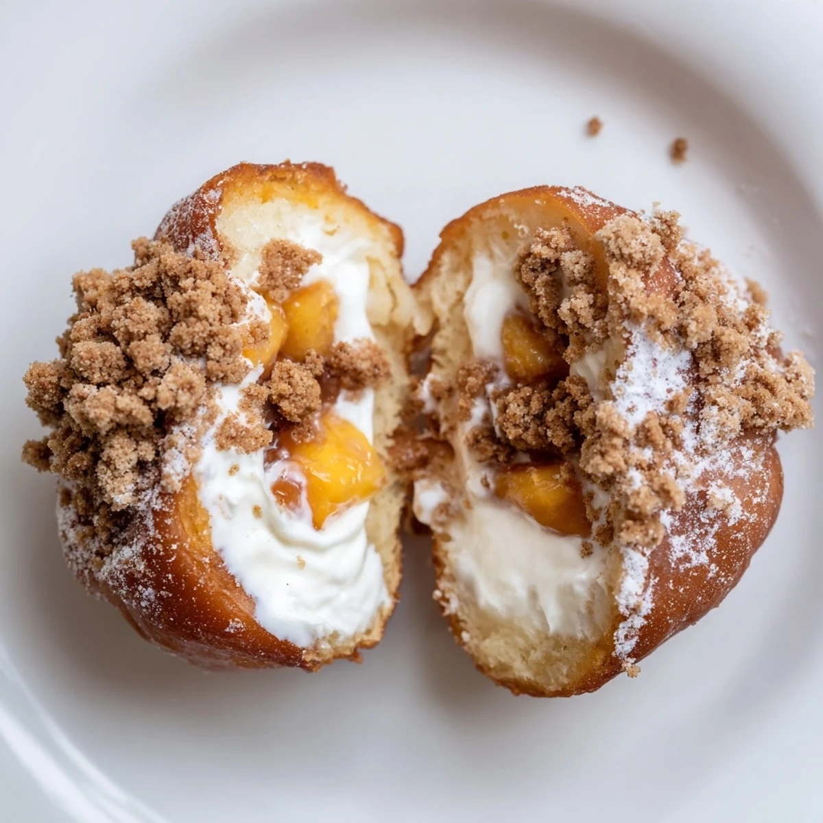 Fried peach cobbler cheesecake donuts drizzled with white sugar glaze.