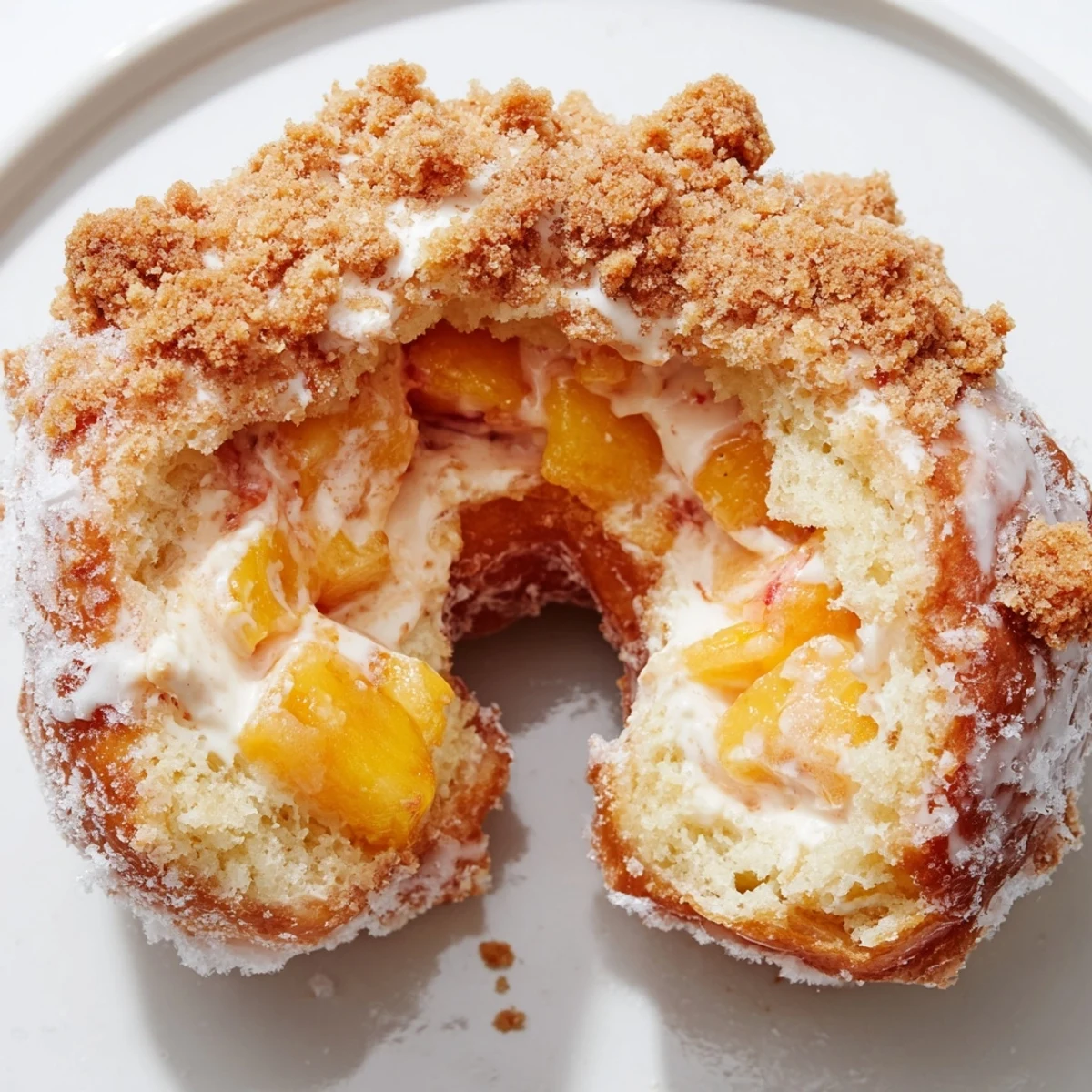 Glazed donuts stuffed with creamy cheesecake and sweet peach filling.  