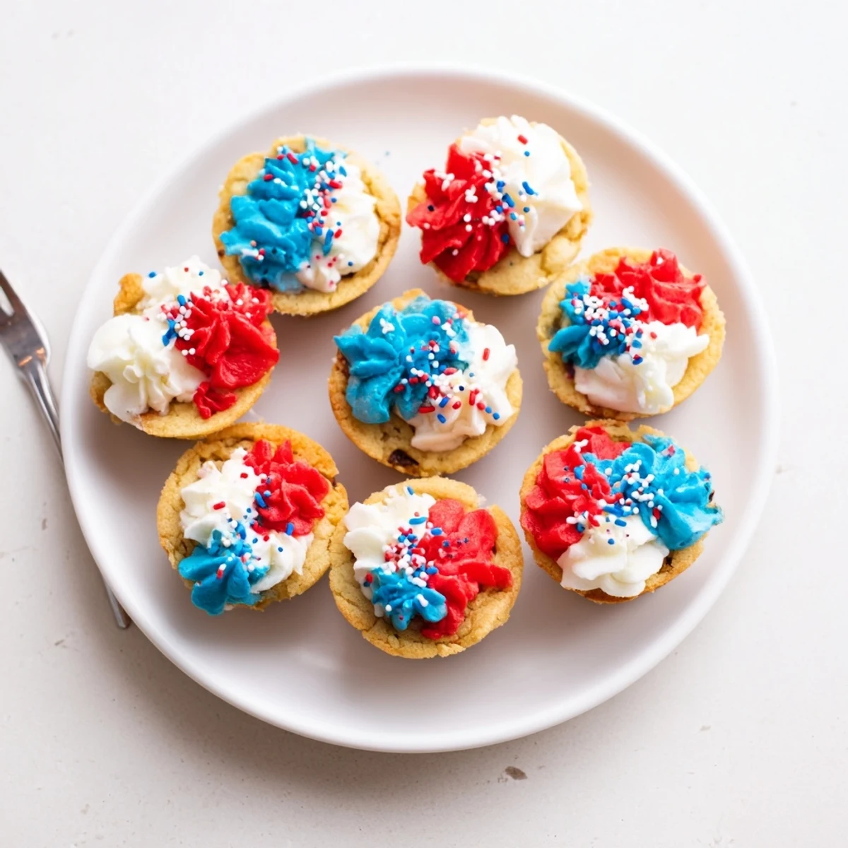 Bite-sized patriotic chocolate chip cookie cups topped with colorful red, white, and blue frosting.  