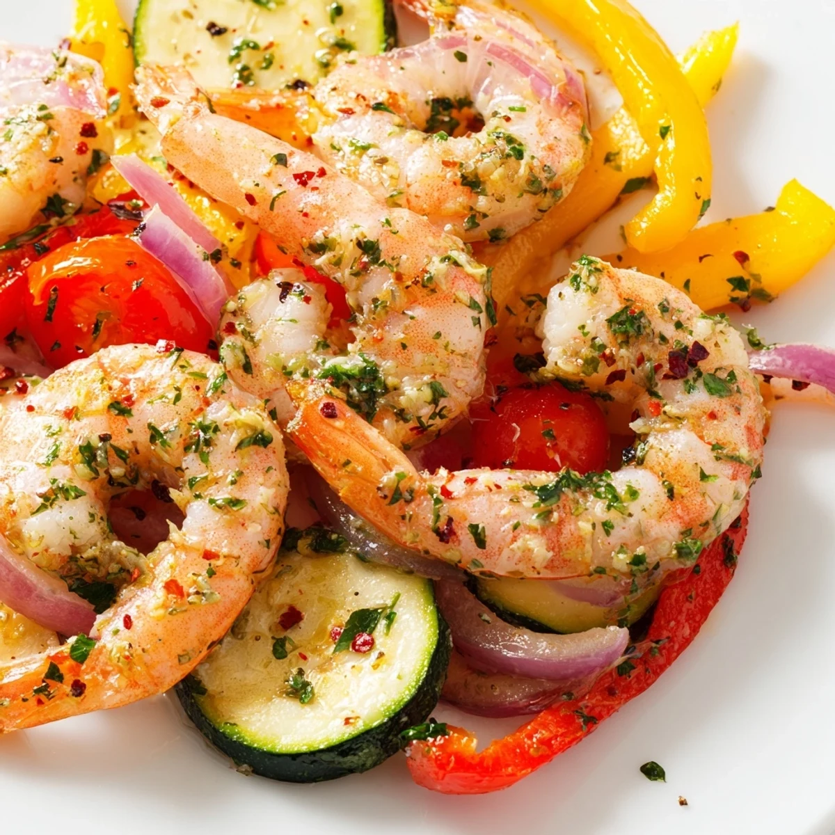 Golden sheet pan garlic butter shrimp roasted with colorful bell peppers and zucchini.