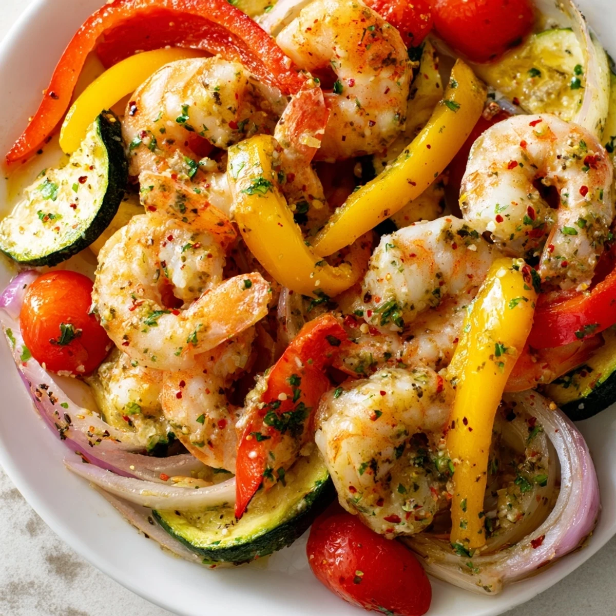 Easy sheet pan garlic butter shrimp dinner topped with parsley and lemon wedges.
