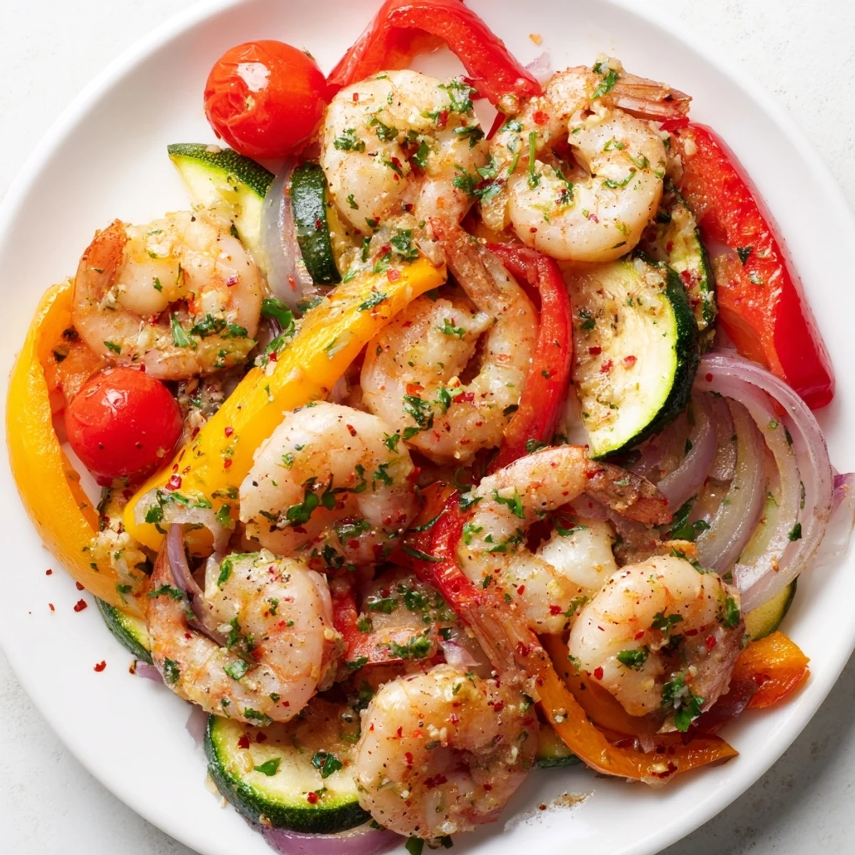 Juicy garlic butter shrimp tossed with vegetables on a sizzling hot sheet pan.