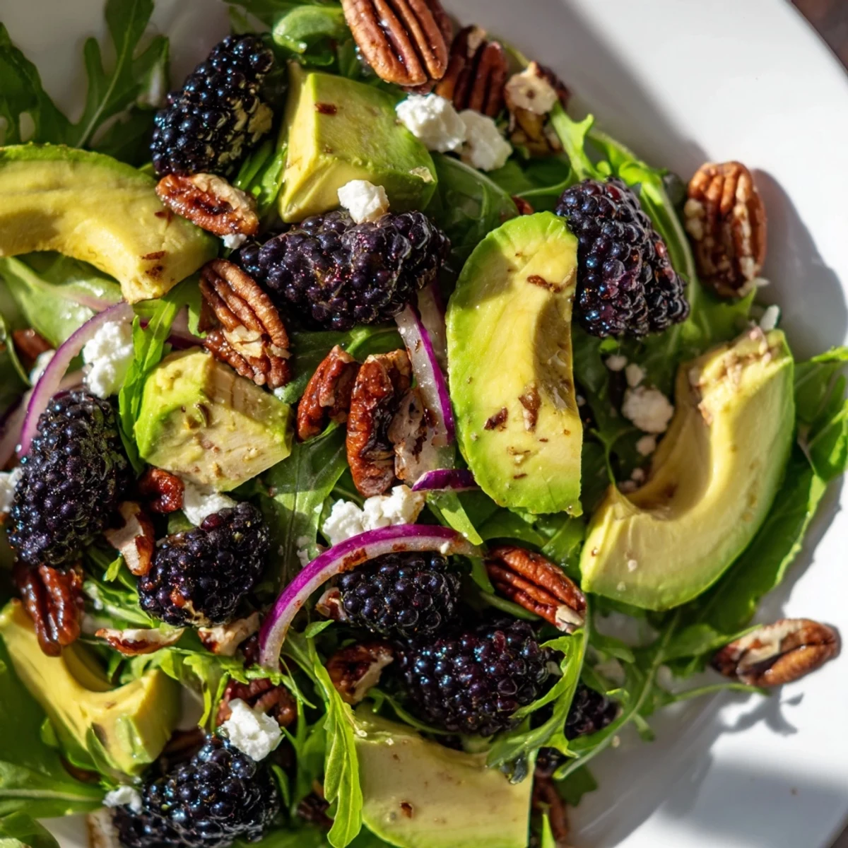 Fresh blackberry avocado salad with creamy avocado, tangy feta, and honey-lime dressing  