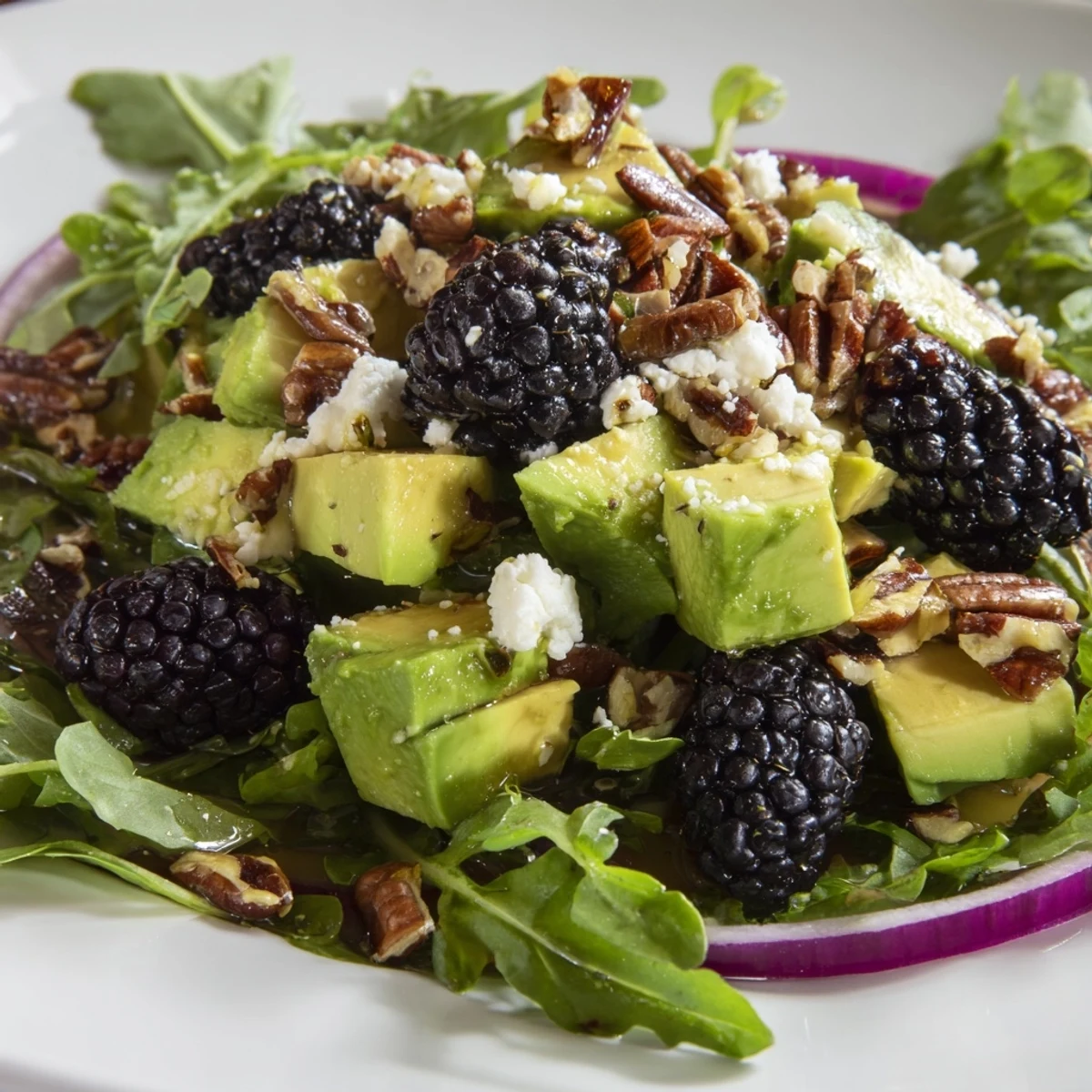 Colorful bowl of blackberry avocado salad topped with toasted nuts and sweet berries