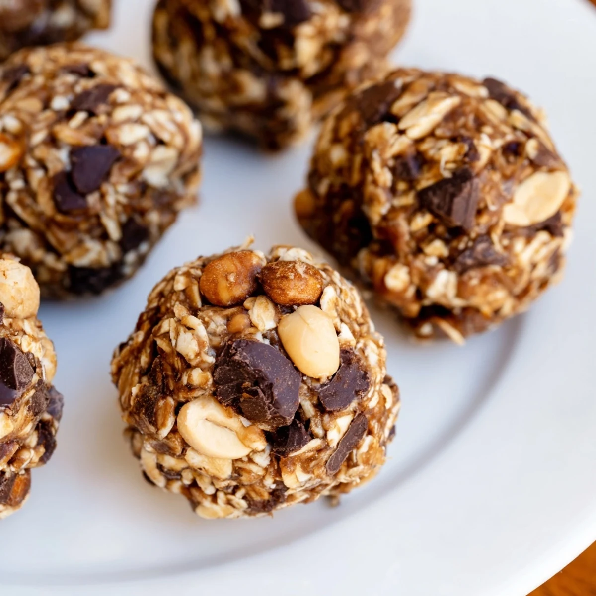 Wholesome Snickers Energy Balls topped with crunchy peanuts and dark chocolate chips  