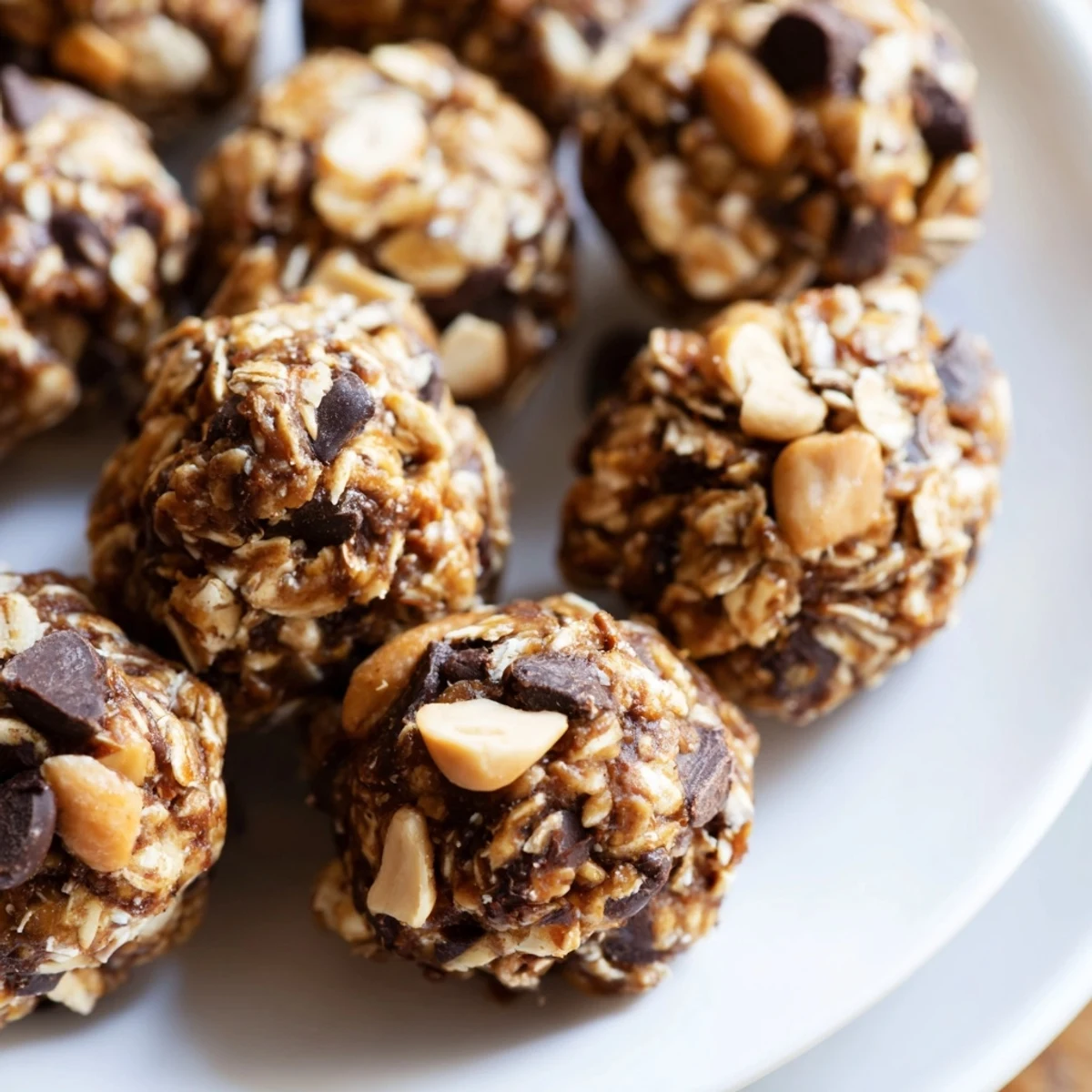 Decadent Snickers Energy Balls rolled with oats, peanuts, and a chocolate drizzle