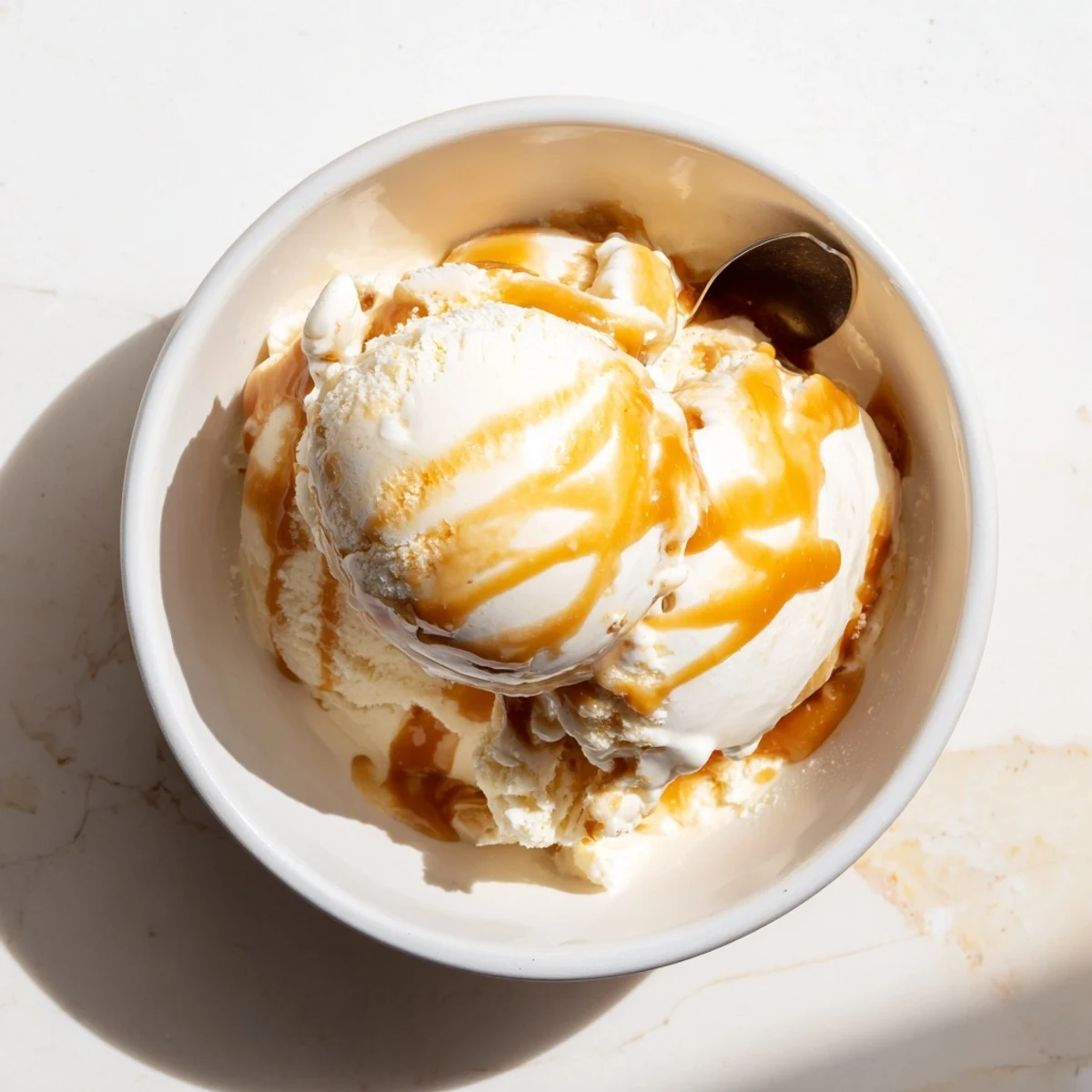 Luscious halal salted caramel ice cream topped with a sweet caramel drizzle.