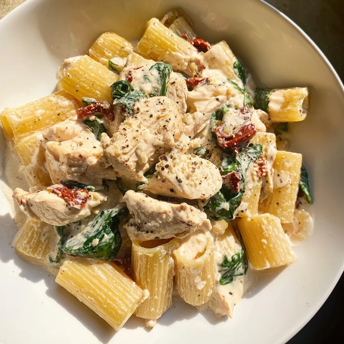 Golden chicken penne in a rich, creamy Tuscan sauce with sun-dried tomatoes and wilted spinach.  