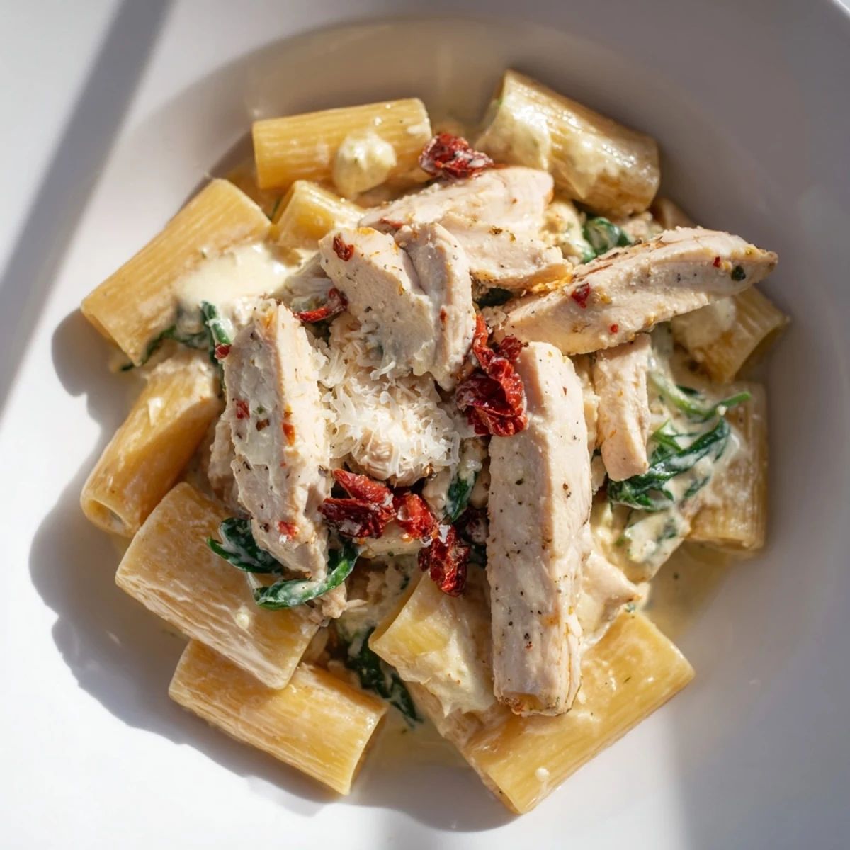 One pan Tuscan chicken pasta served hot with grated Parmesan and fresh spinach leaves.  