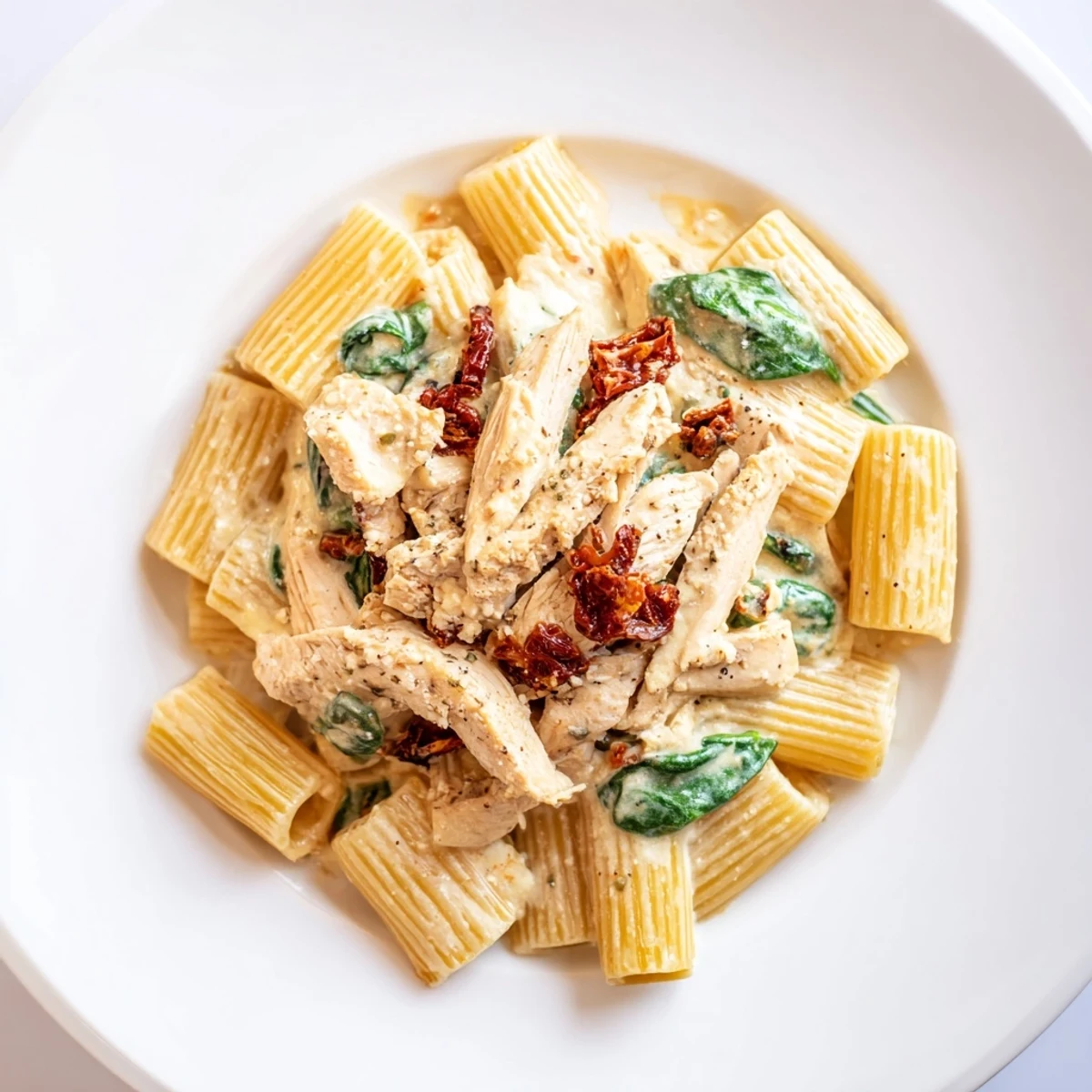 Creamy Tuscan chicken pasta featuring tender strips, sun-dried tomatoes, and a thick garlic parmesan sauce.